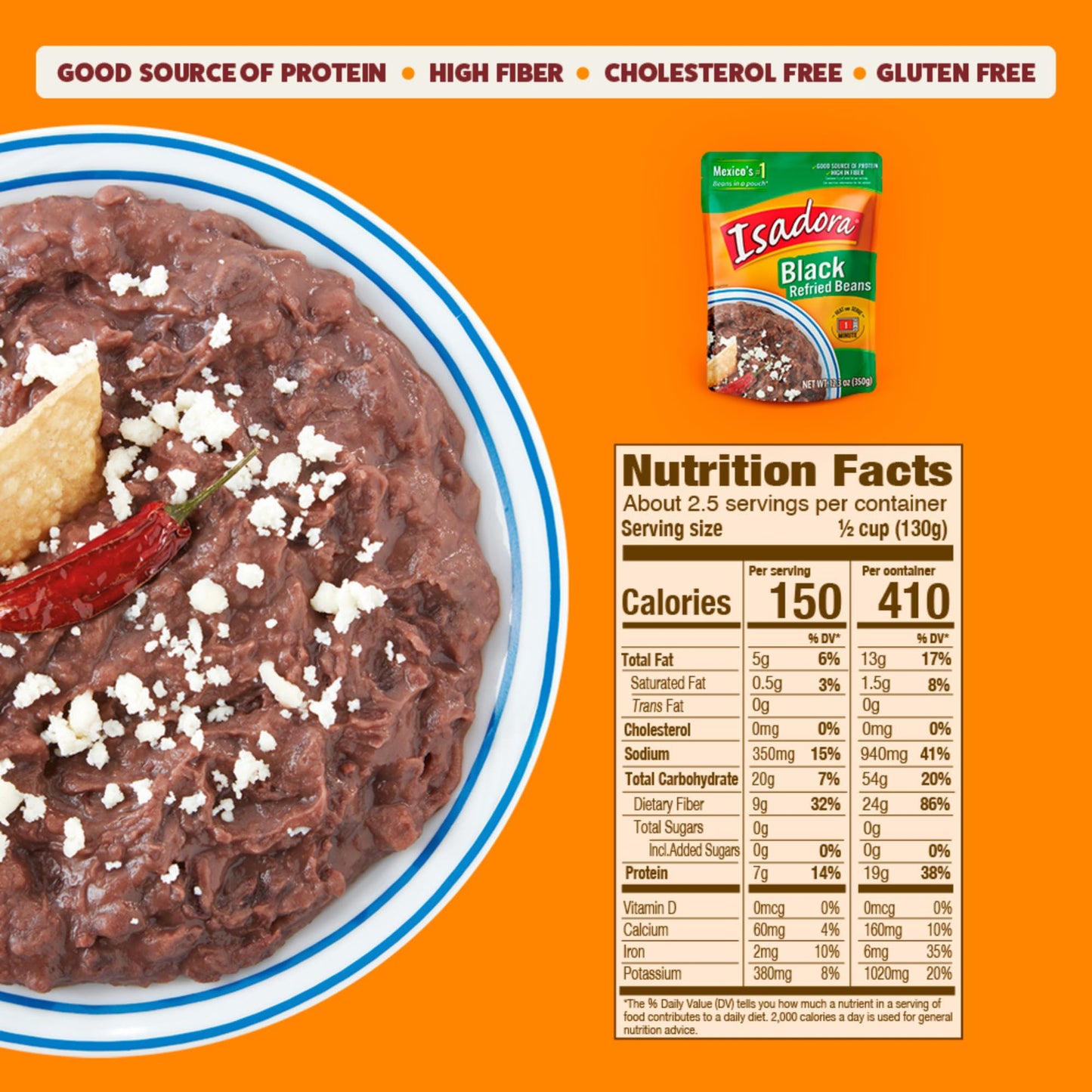 Isadora Black Refried Beans in Pouch (Pack of 14), Delicious Refried Black Beans, Microwave Food Premade Meals, Plant Based Protein,12.3 oz
