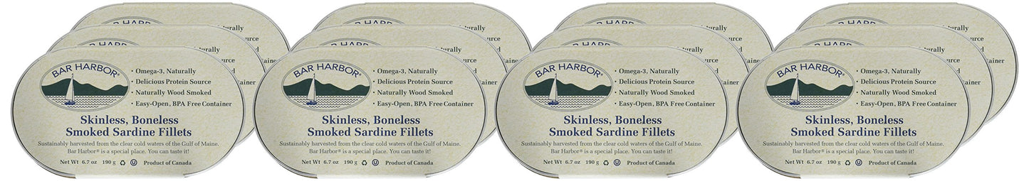 Bar Harbor Skinless & Boneless Smoked Sardine Fillets, 6.7 oz (190g) | Naturally Wood Smoked | Excellent Source of Protein | EZ-Open BPA-NI Can | Product of Latvia