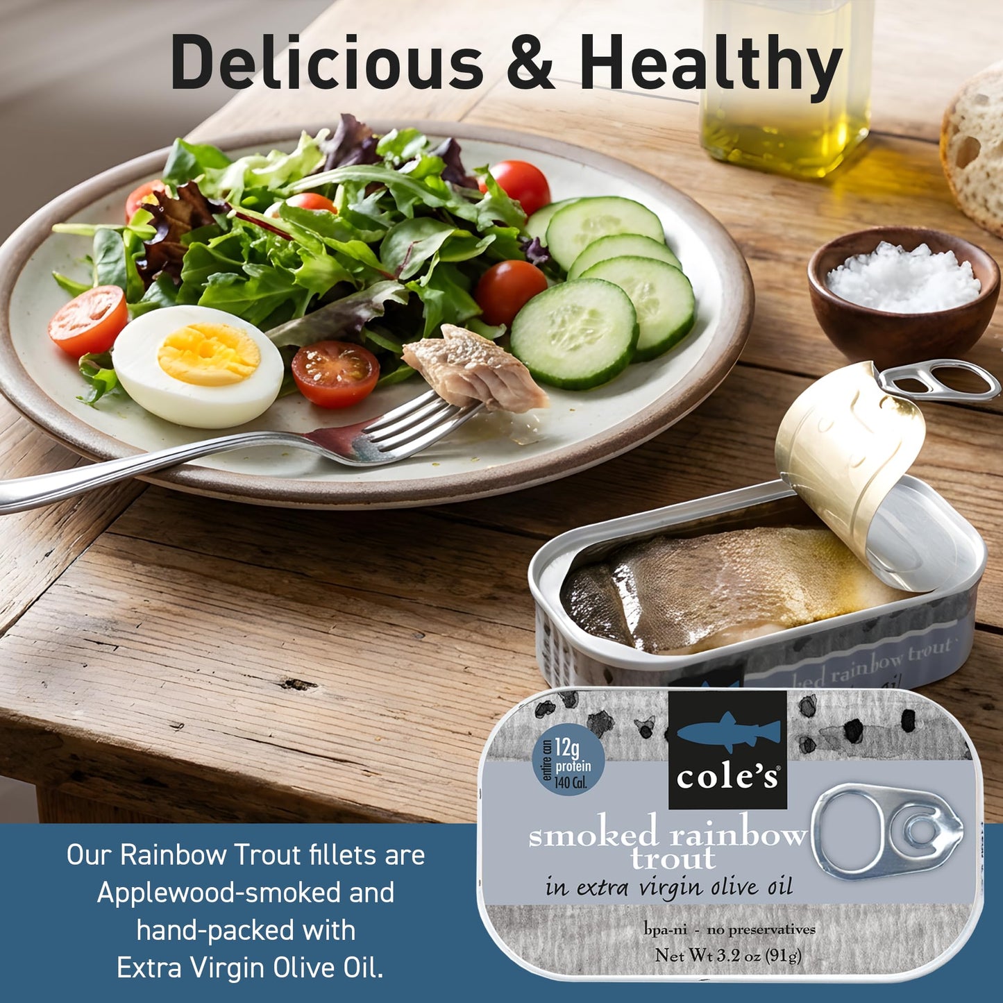 COLE’S - Smoked Trout Fillet with Extra Virgin Olive Oil | 3.2oz Hand-Packed Canned Fish | High in Protein & Vitamin D | Preservative Free | Pack of 5