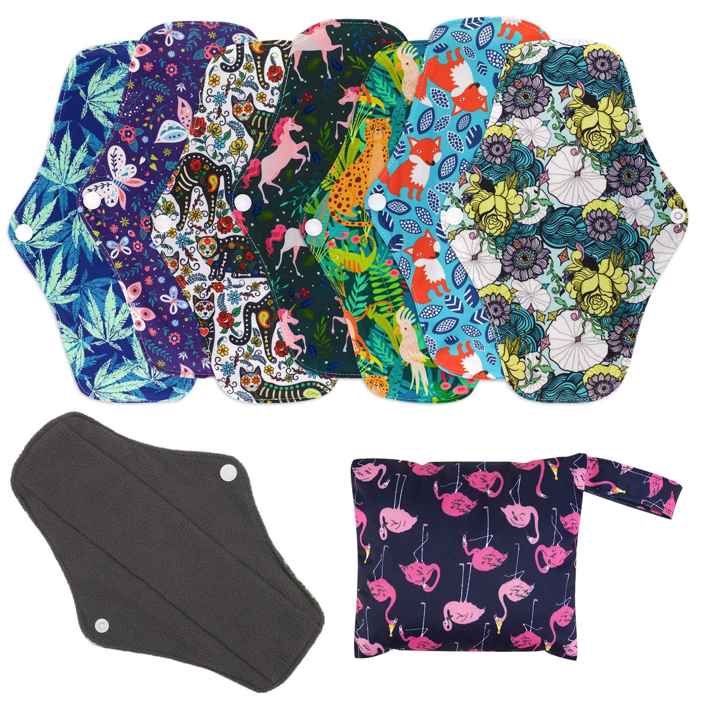 Reusable Menstrual Pads (7 in 1, 25.4cm 4 Layers), Bamboo Cloth Pads for Heavy Flow with Wet Bag, Large Sanitary Pad Set with Wings for Women, Washable Overnight Cloth Panty Liners Period