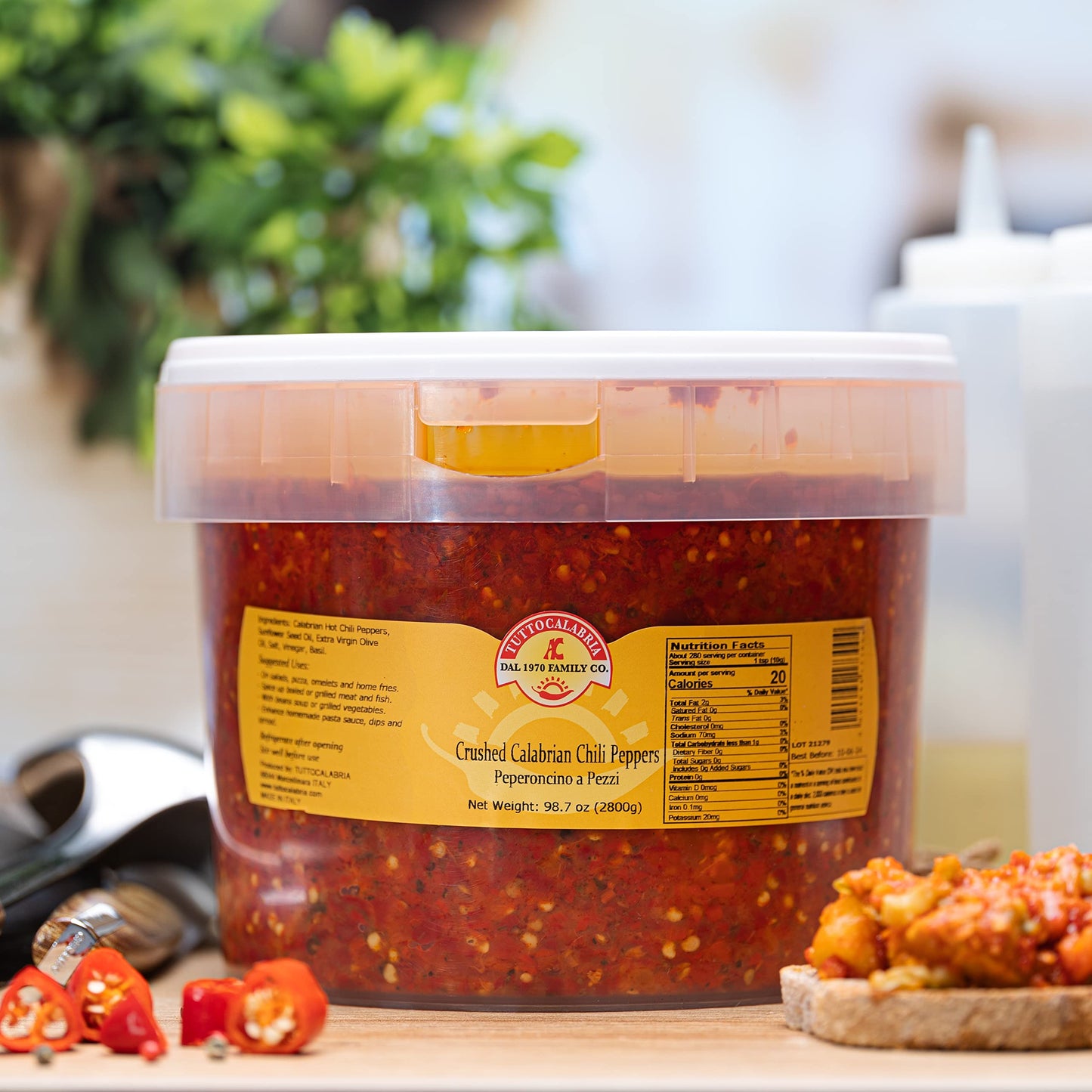 TUTTOCALABRIA Sliced Calabrian Chili Peppers in Oil, Bulk Foodservice Tub, 97 oz, chopped, rounds, Topping, All Natural, Non-GMO, Product of Italy