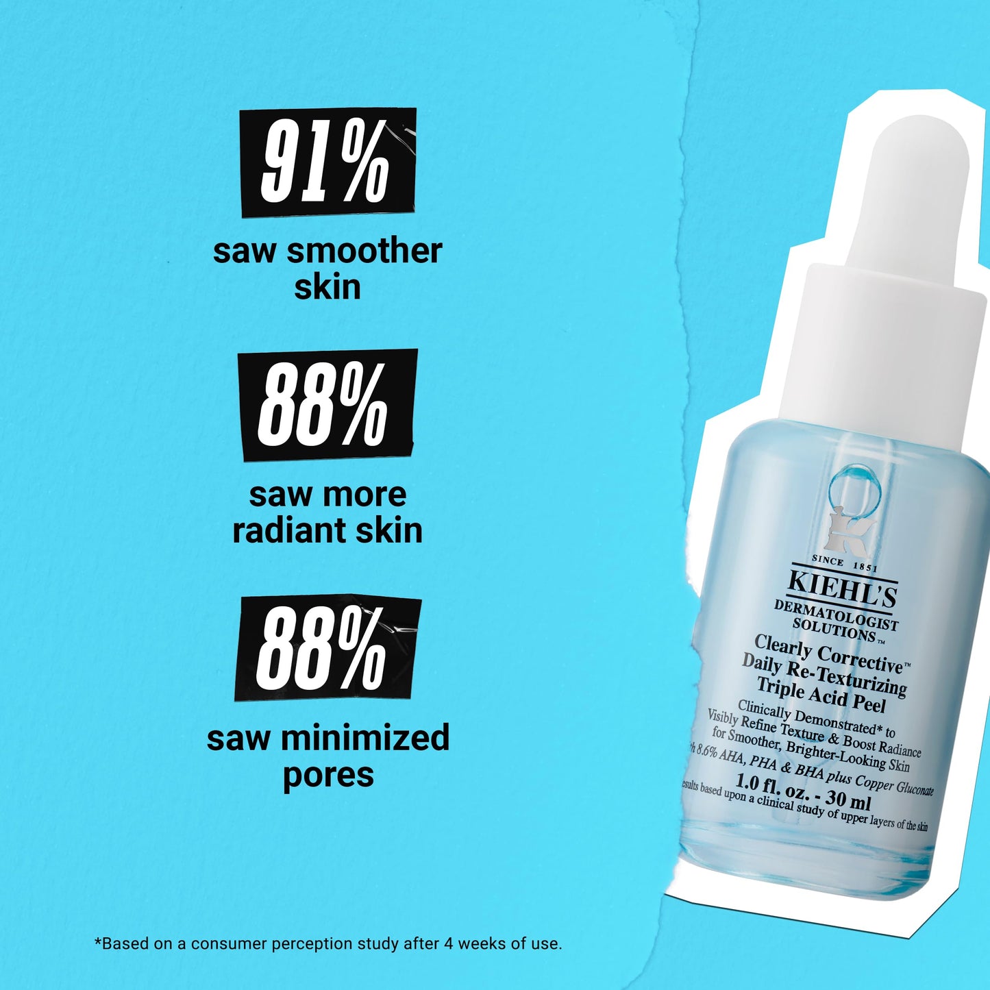 Kiehl's Clearly Corrective Daily Re-Texturizing Triple Acid Peel Serum, Gentle Exfoliating Facial Peel, Smoothes Texture, Primes Skin, with Salicylic Acid, Glycolic Acid, Lactic Acid - 1 fl oz