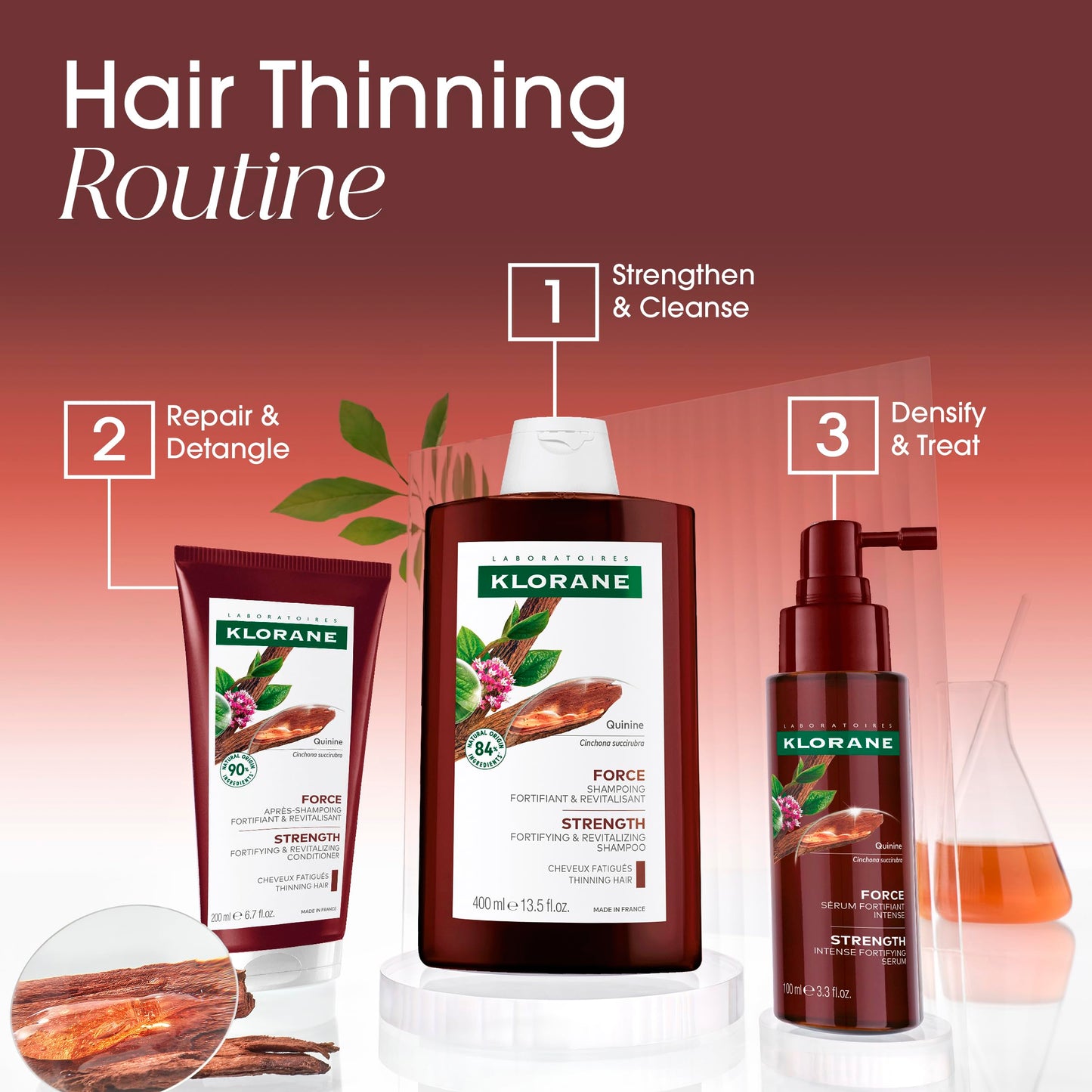 Klorane Intense Strengthening Serum with Quinine - Natural Alternative for Hair Thinning - Support Thicker, Stronger, Healthier Hair - Men & Women - Non-Greasy, Leave-in Formula - 3.3 fl. oz.