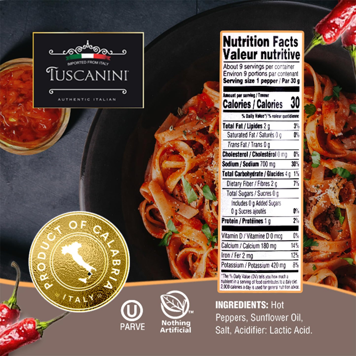 Tuscanini Italian Whole Calabrian Chili Peppers In Oil, 9.2oz (2 Pack) | Beautifully Red and Long Peppers | Nothing Artificial | Product of Italy | Kosher