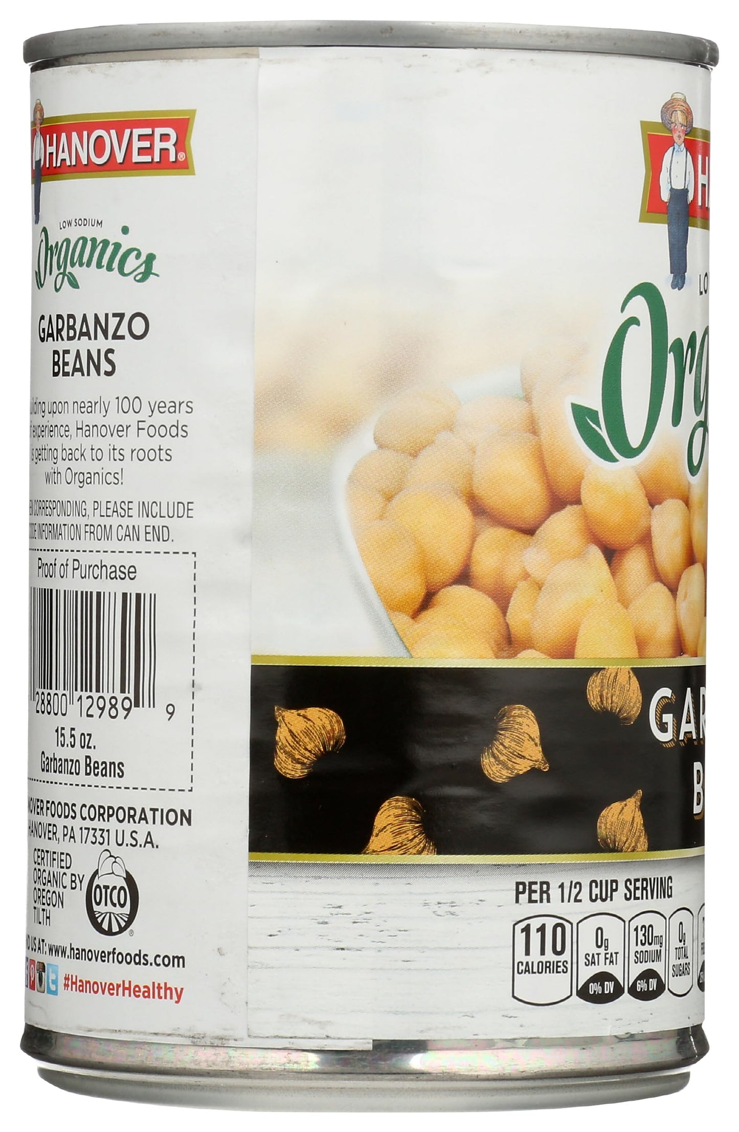 Hanover Organic Garbanzo Beans, Low Sodium, Kosher, USDA Certified Organic, Non-GMO, 15.5 Ounce (Pack of 12)