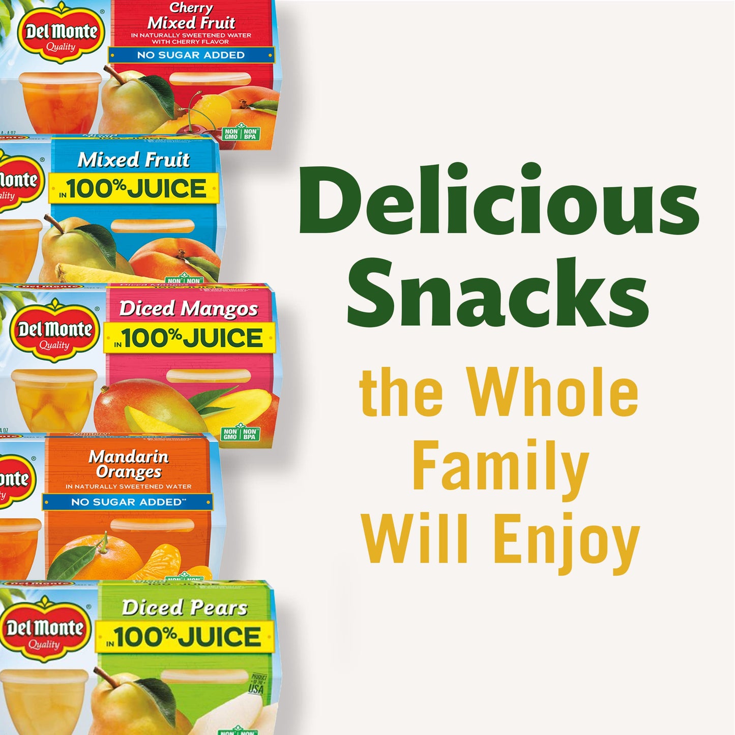 Del Monte Diced Pears Fruit Cups in 100% Juice, 4 oz Cups, Pack of 24