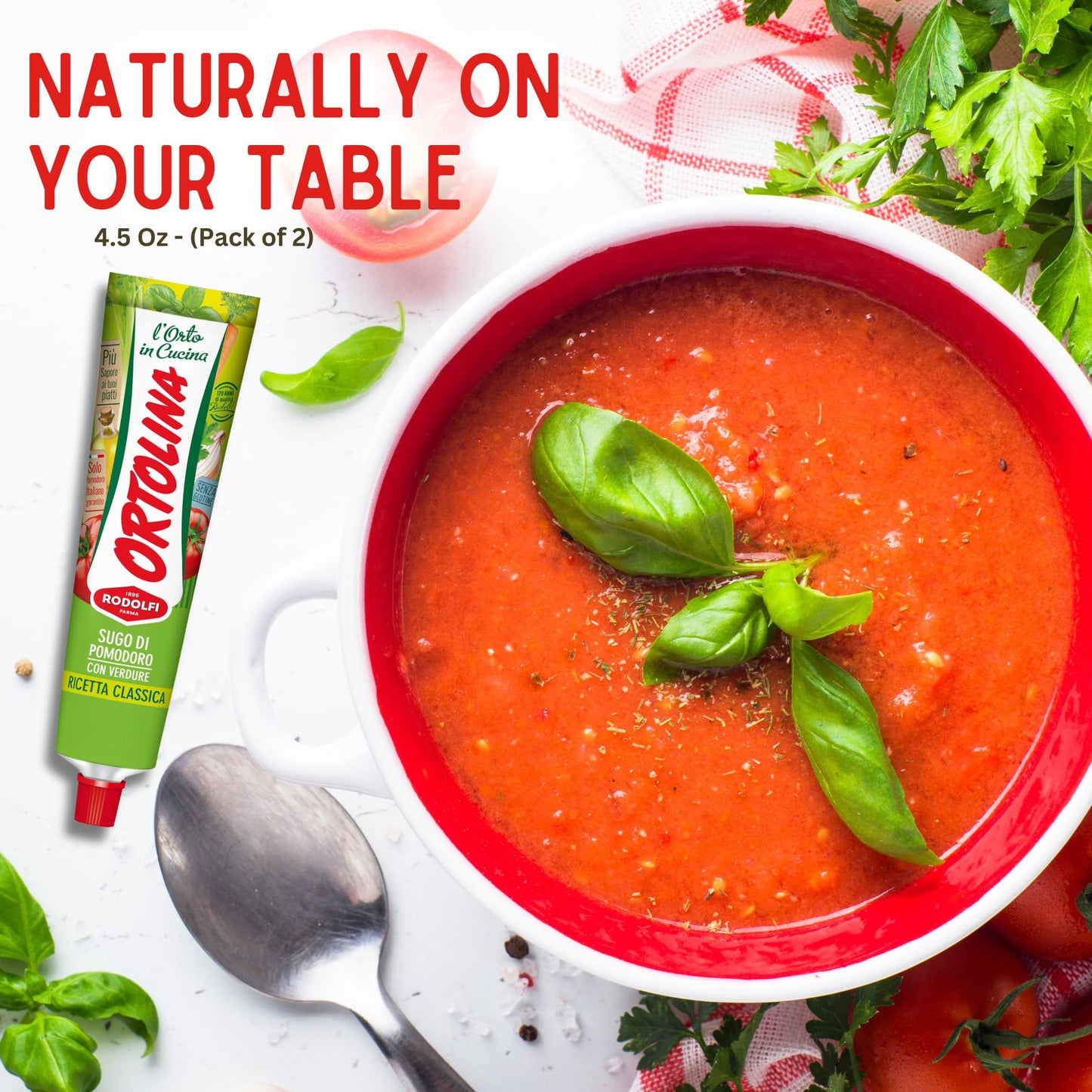 Tomato Paste Tube "Ortolina" Rodolfi Sauce, 130 gr (4.5 Oz) - Pack of 2, Authentic Italian Product with Fresh Tomatoes and Vegetables, Imported from Italy, Additive-free
