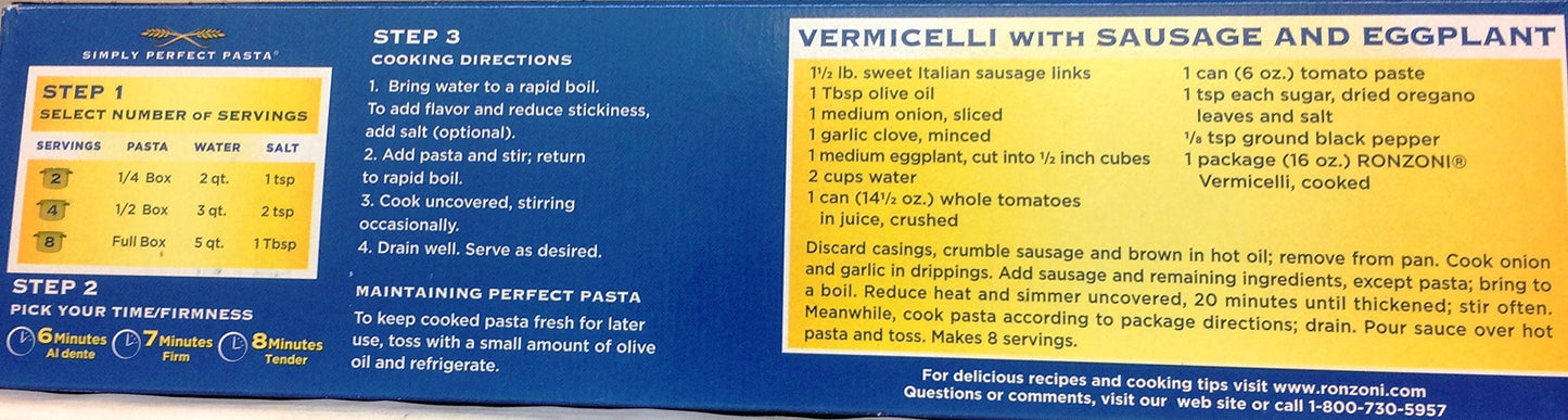 Ronzoni Vermicelli Macaroni 16 Oz. Pack Of 3.