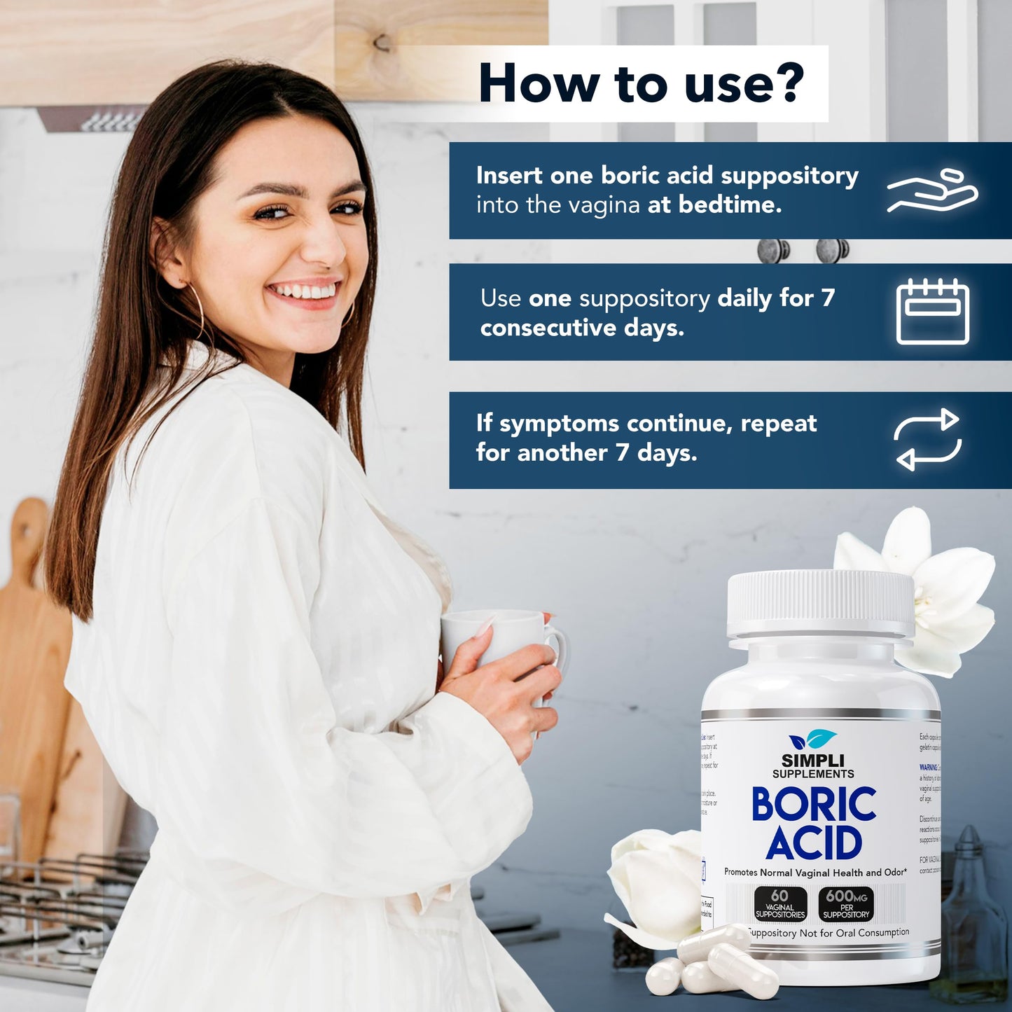Boric Acid Suppositories for Women 600mg – 60 Count | Vaginal pH Balance Support | Feminine Care | Helps Maintain Freshness & Odor Control