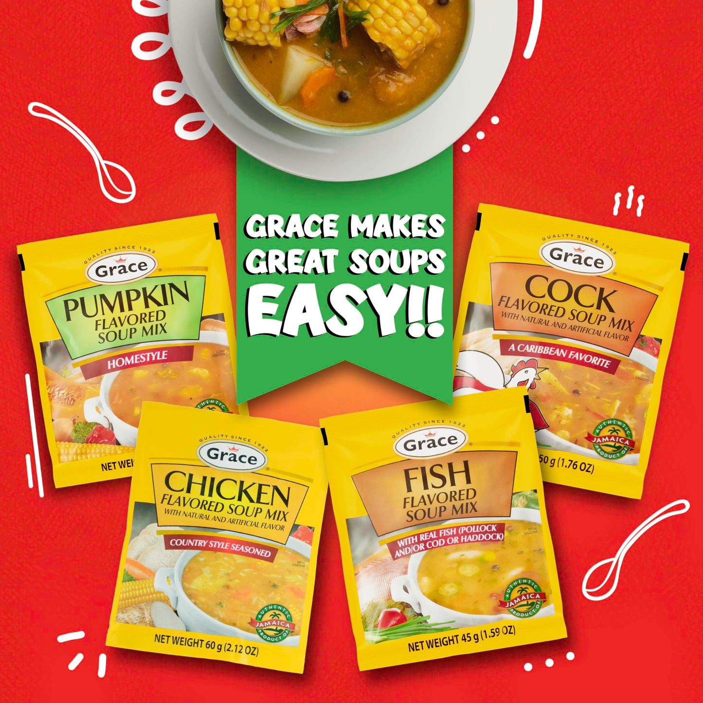 Grace Fish Flavored Soup Mix 1.59oz - Pack of 6 - Authentic Jamaican Tea Soup Mix Made with Cod, Haddock & Pollock - Caribbean Stock & Seafood Stock Mix
