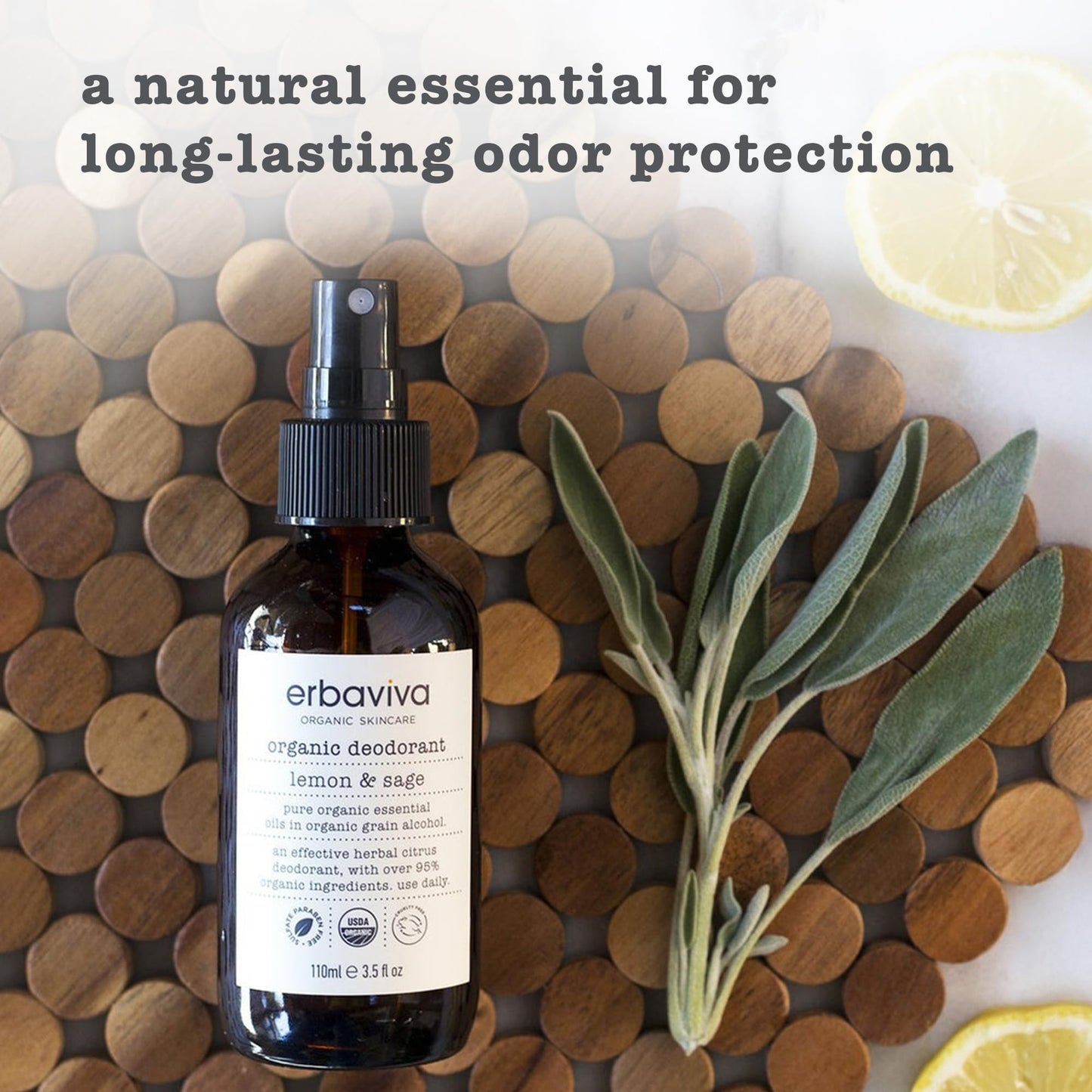 Erbaviva Lemon & Sage Organic Deodrant 3.5 Fl Oz - Underarm Spray with Powerful All Natural Essential Oils - Unisex Warm & Woodsy Smelling Deodorant For Odor Protection, Aluminum and Chemical Free