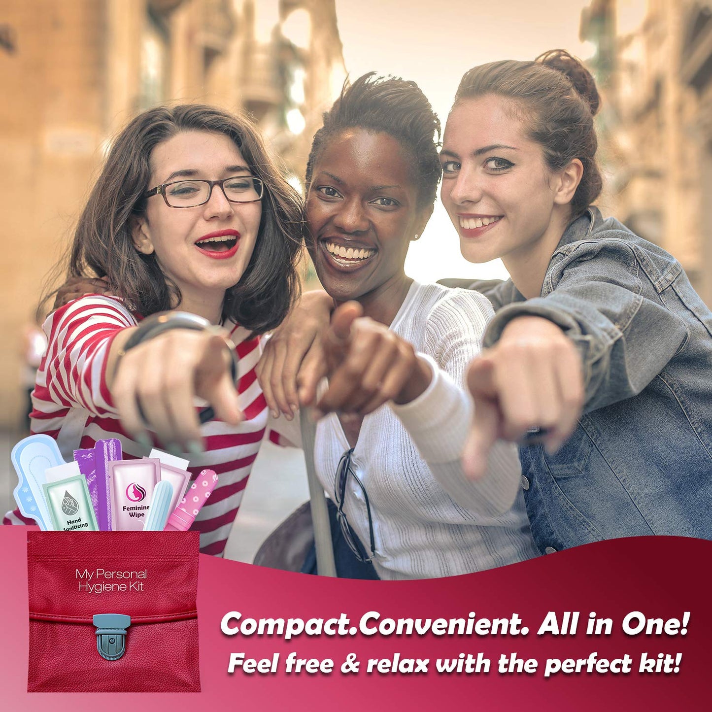 3 x Menstrual All-in-One Kits - Assorted Colors | Convenience on The Go | Single Period Kit Packs | Individually Wrapped Feminine Hygiene Products (Red Purse/Pink/Purple)