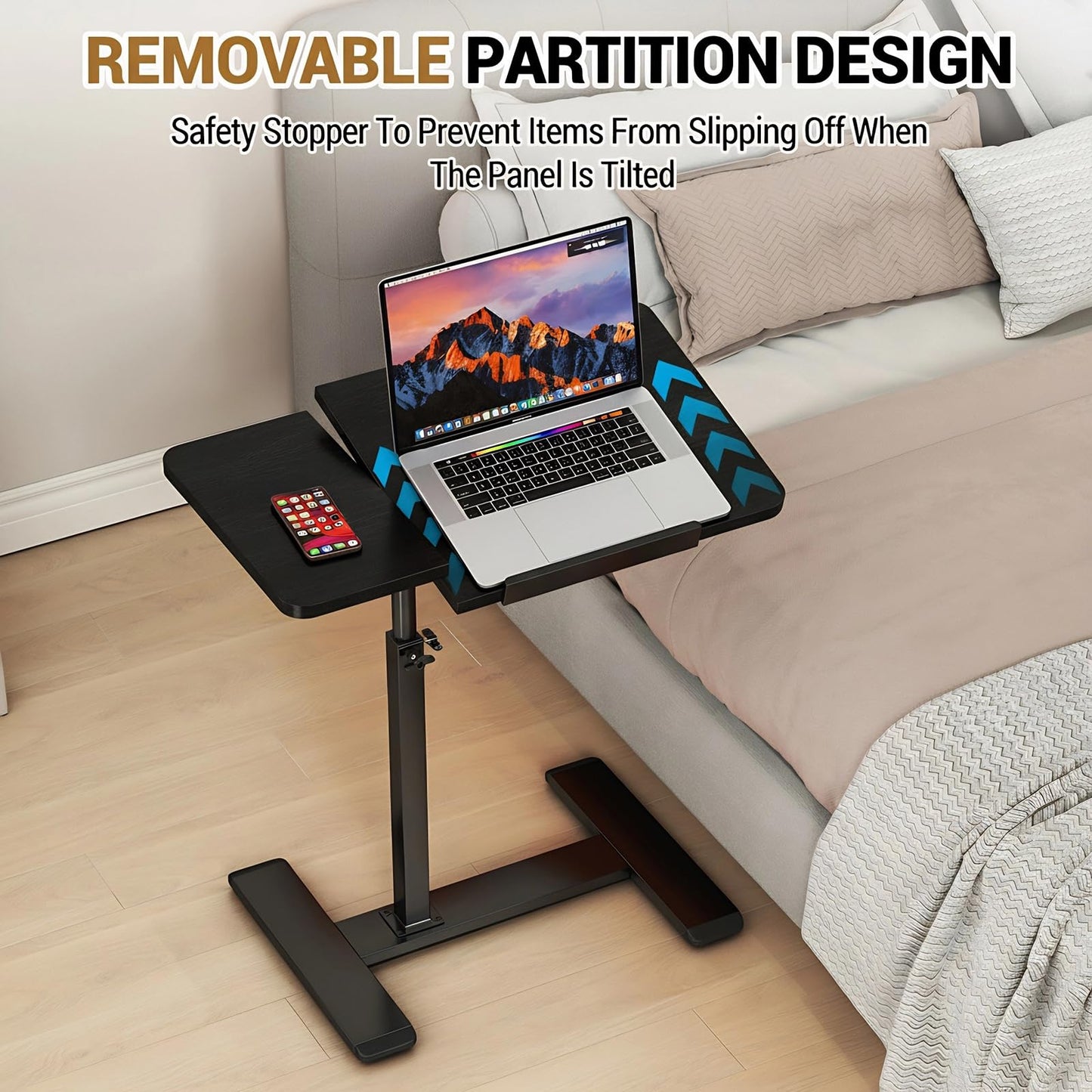 GarveeHome Overbed Bedside Table Adjustable with Wheels, Mobile Standing Stand Up Rolling Laptop PC Desks with Tilting Top Height Tray Side Computer Workstation for Bedroom on Hospital Home Use Black