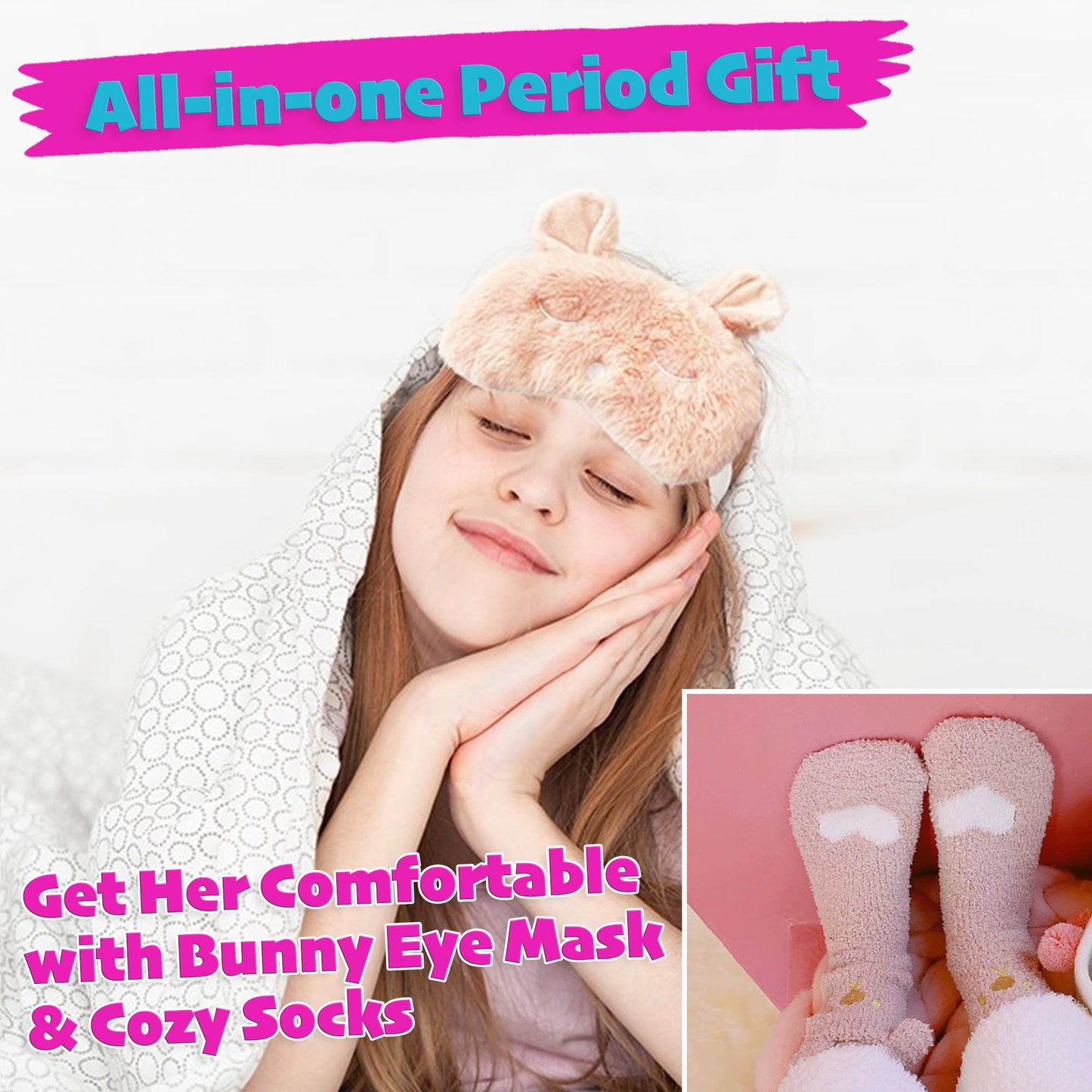 First Period kit for Girls | 22 PC Period Packs for Young Girls First Time | First Period Gift for Teen Girls with Sanitary Pad Storage Bag, Wipes, Bracelet, Eye Mask, Socks and More(Pink)