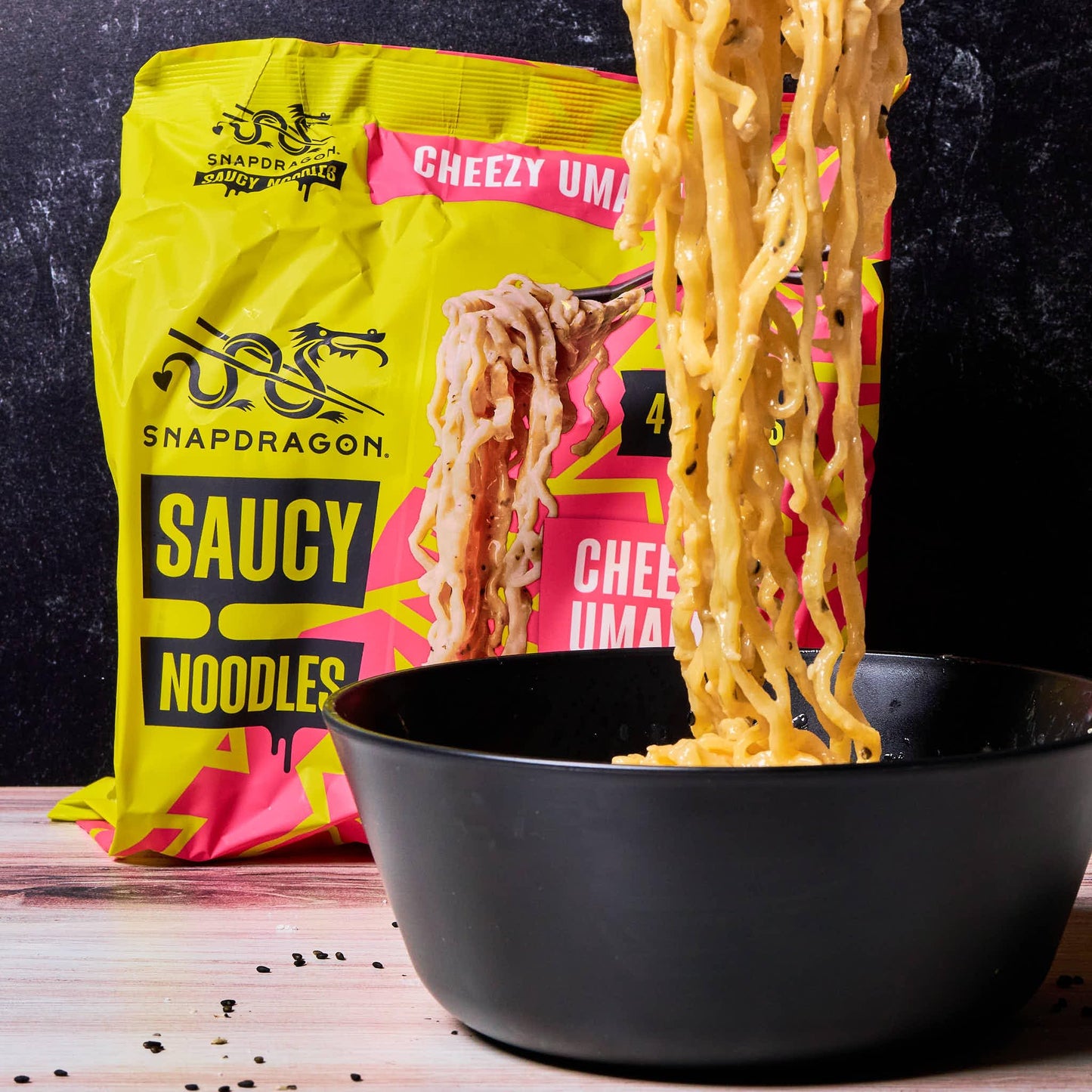 Snapdragon Saucy Instant Noodles with Cheezy Umami, Savory Slurpable Sauce - Quick Meal, Snack, and Lunch. 4-Pack Microwave Noodles for Cup, Bowl, Cheddar Cheese Ramen or Asian Stir Fry
