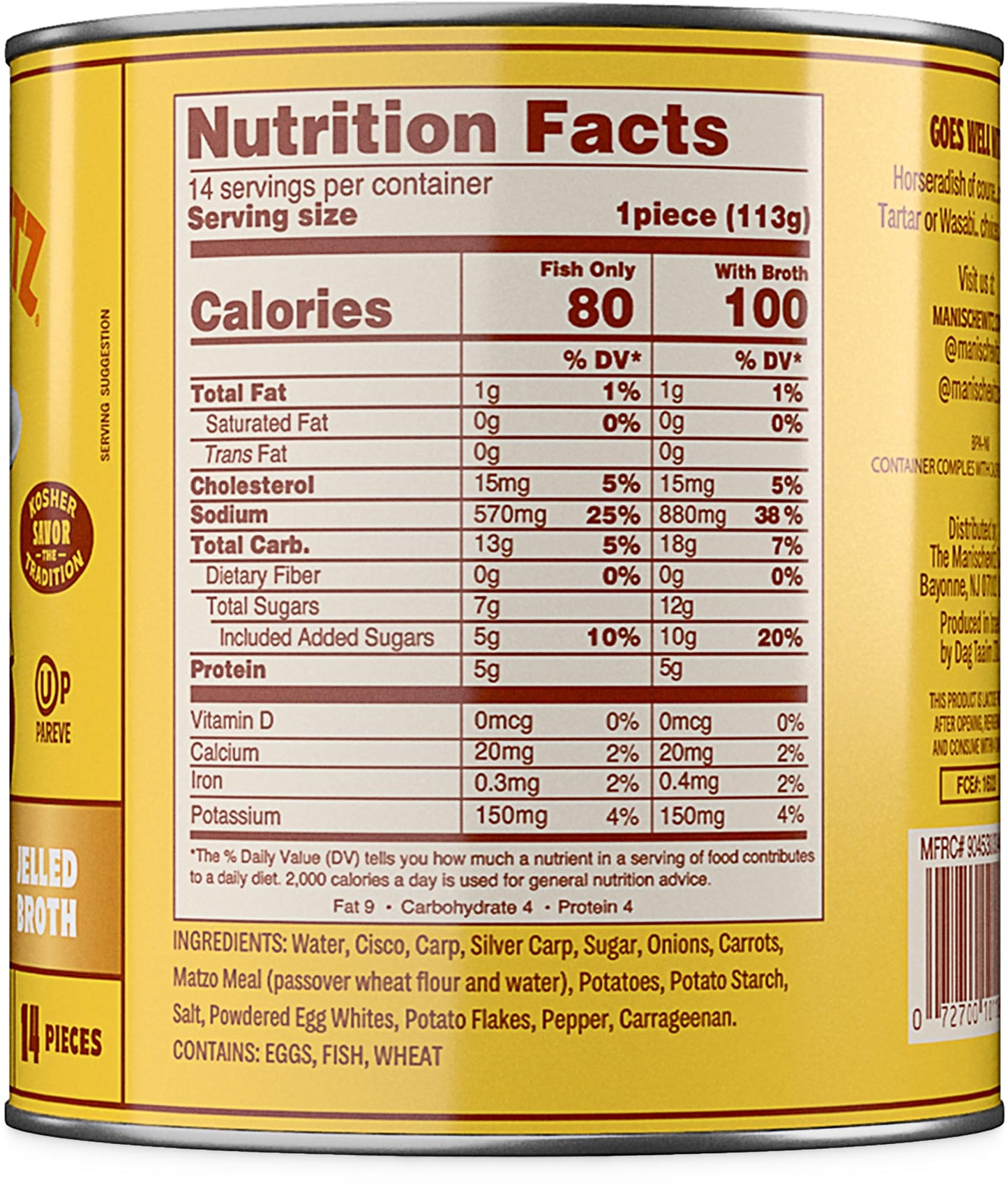 Manischewitz Premium Gold Gefilte Fish, (14 Pieces) in Jelled Broth, No MSG, Kosher for Passover