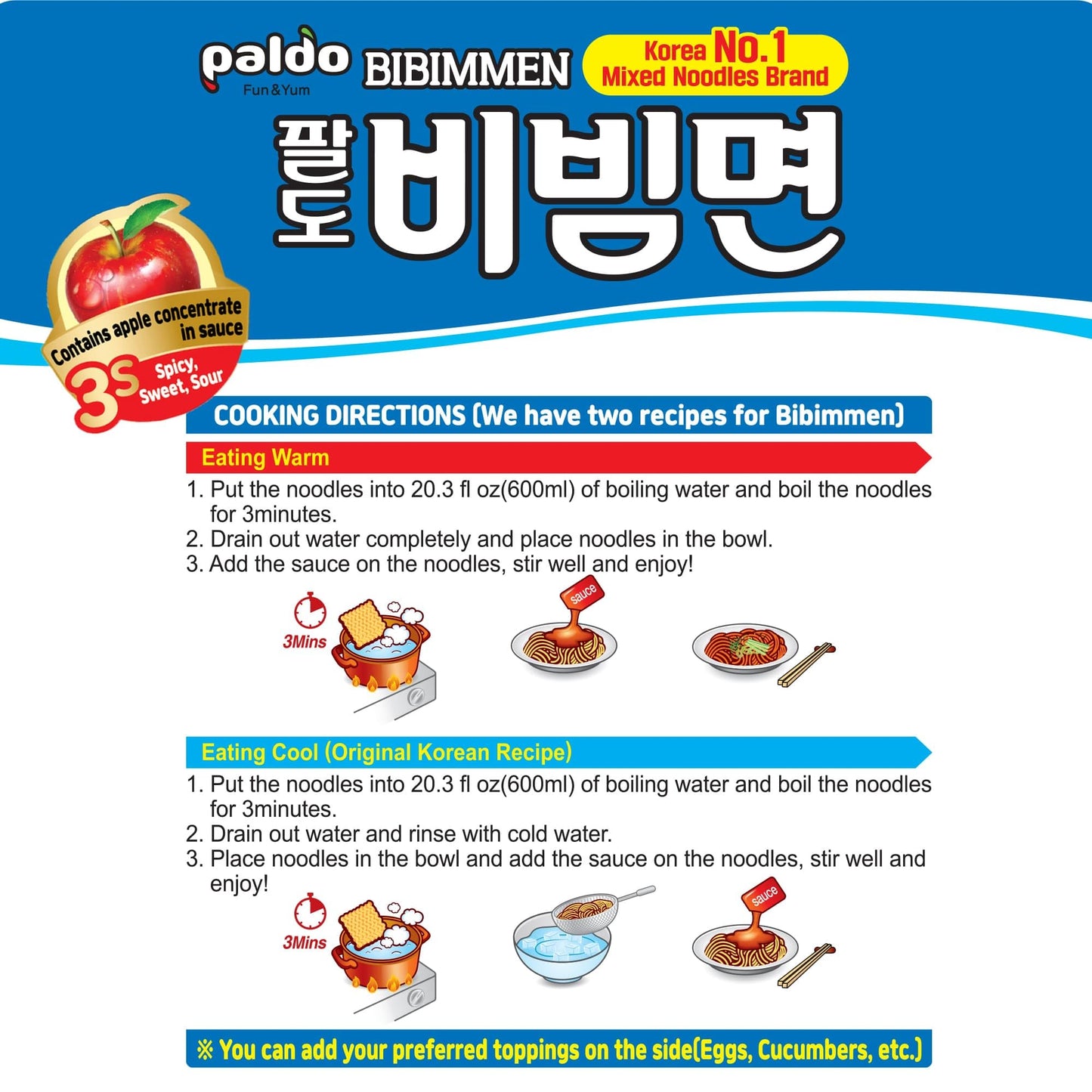 Paldo Fun & Yum Bibim Men Instant Cold Noodles, Pack of 5, Brothless Cold Ramen with Sweet & Spicy Seasoning Sauce, Oriental Style Korean Ramyun, Soupless K-Food, 130g x 5