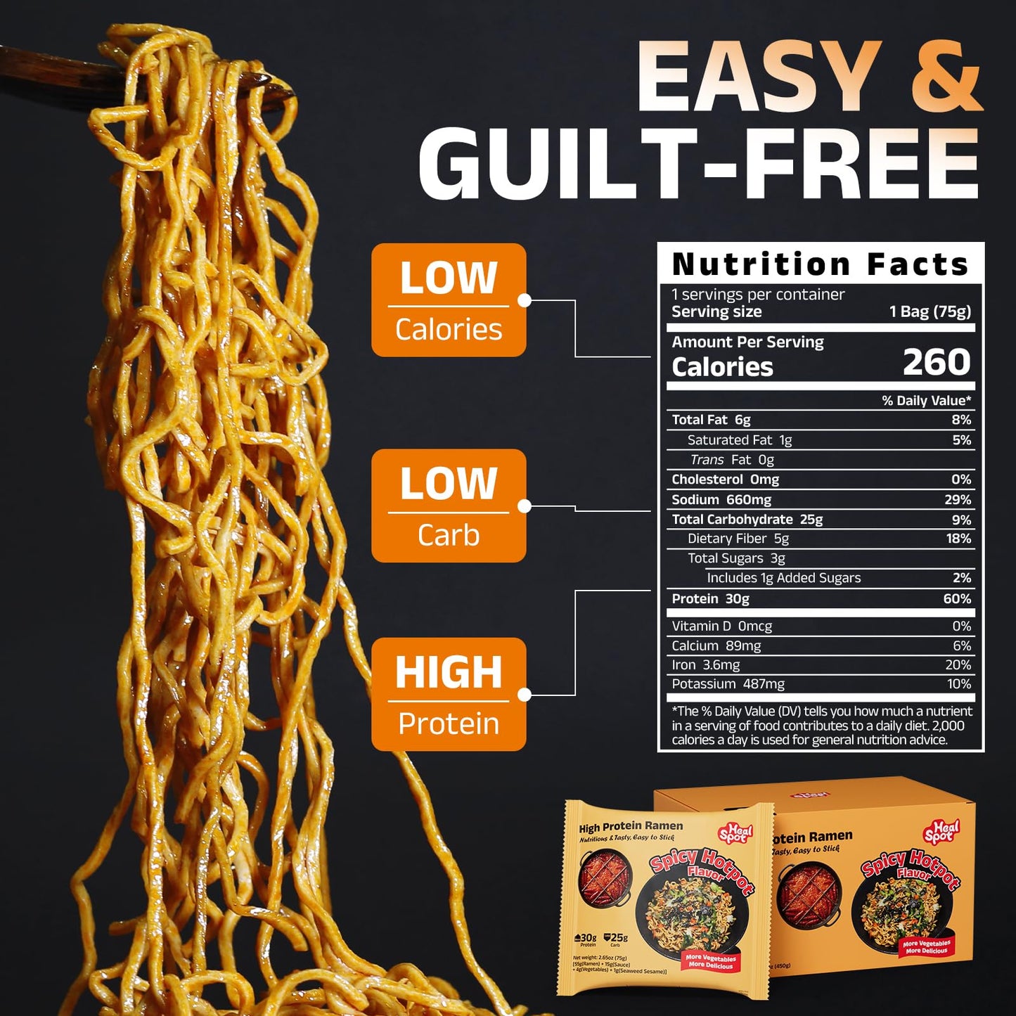 Healspot High Protein Spicy Buldak Noodles, Dry Tossed Ramen, 30g Plant-Based Protein, Low Fat, Low Carb, Non GMO, Keto Friendly & Plant Based (6 packs)