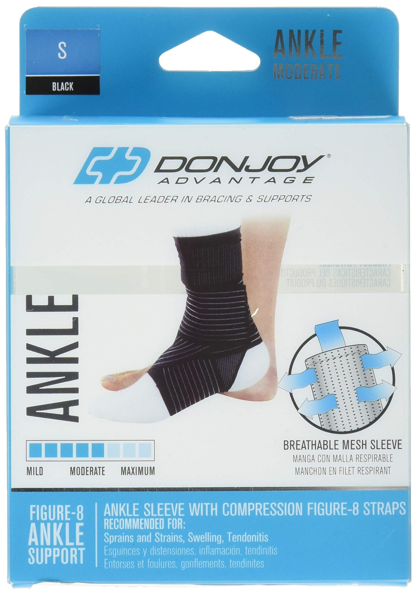 DonJoy Advantage Ankle Sleeve with Figure 8 Straps for Sprains, Strains, Swelling, Tendonitis - Mesh Compression Sleeve with Medial, Lateral Support - Open Heel, Black, Small fits 7.75" - 8.5"