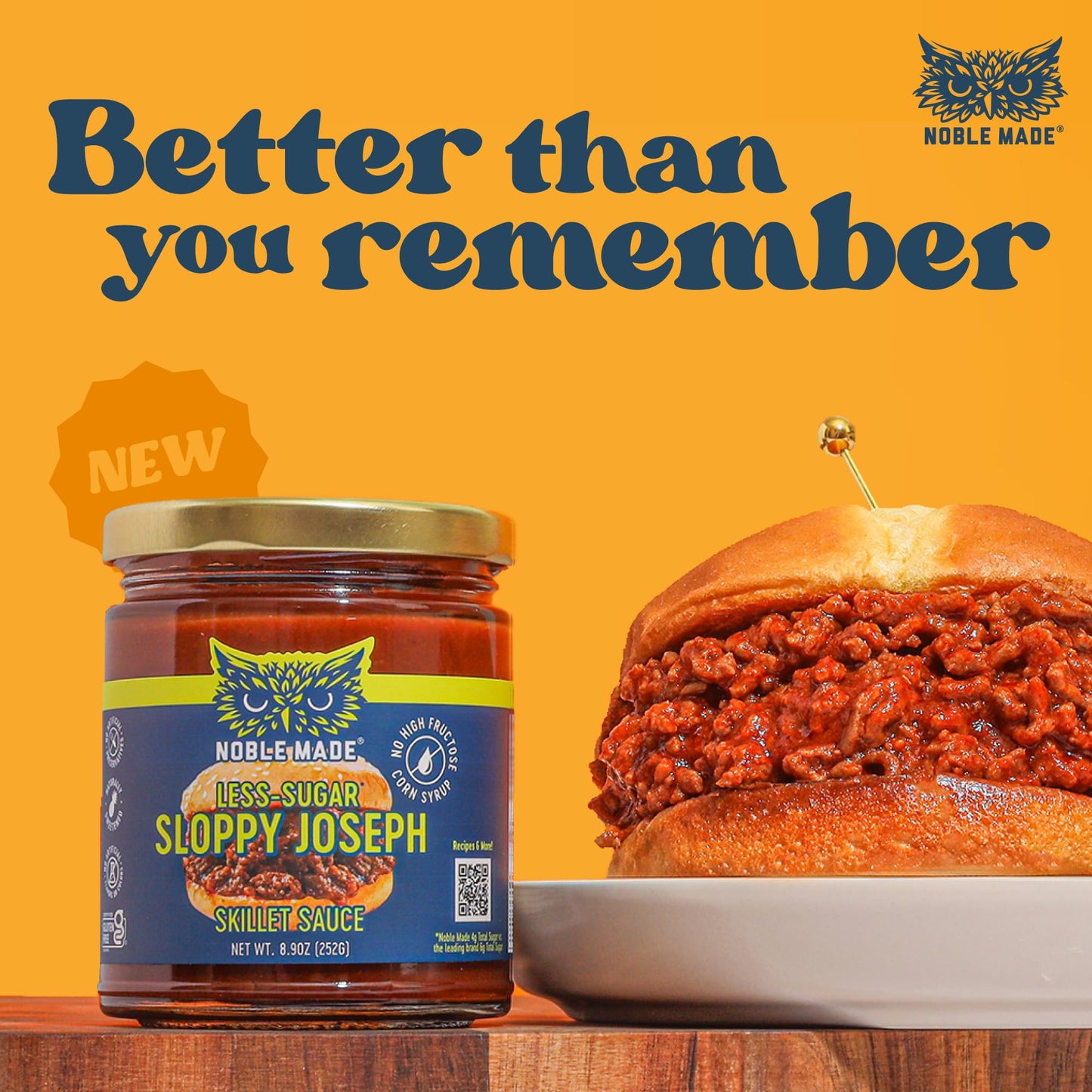 Noble Made Less-Sugar Sloppy Joseph Skillet Sauce, 8.5 oz Jar, Gluten Free, Low Sugar, Paleo Friendly, Naturally Sweetened, Easy Dinner, Family Friendly, Just Add Ground Beef or Ground Turkey