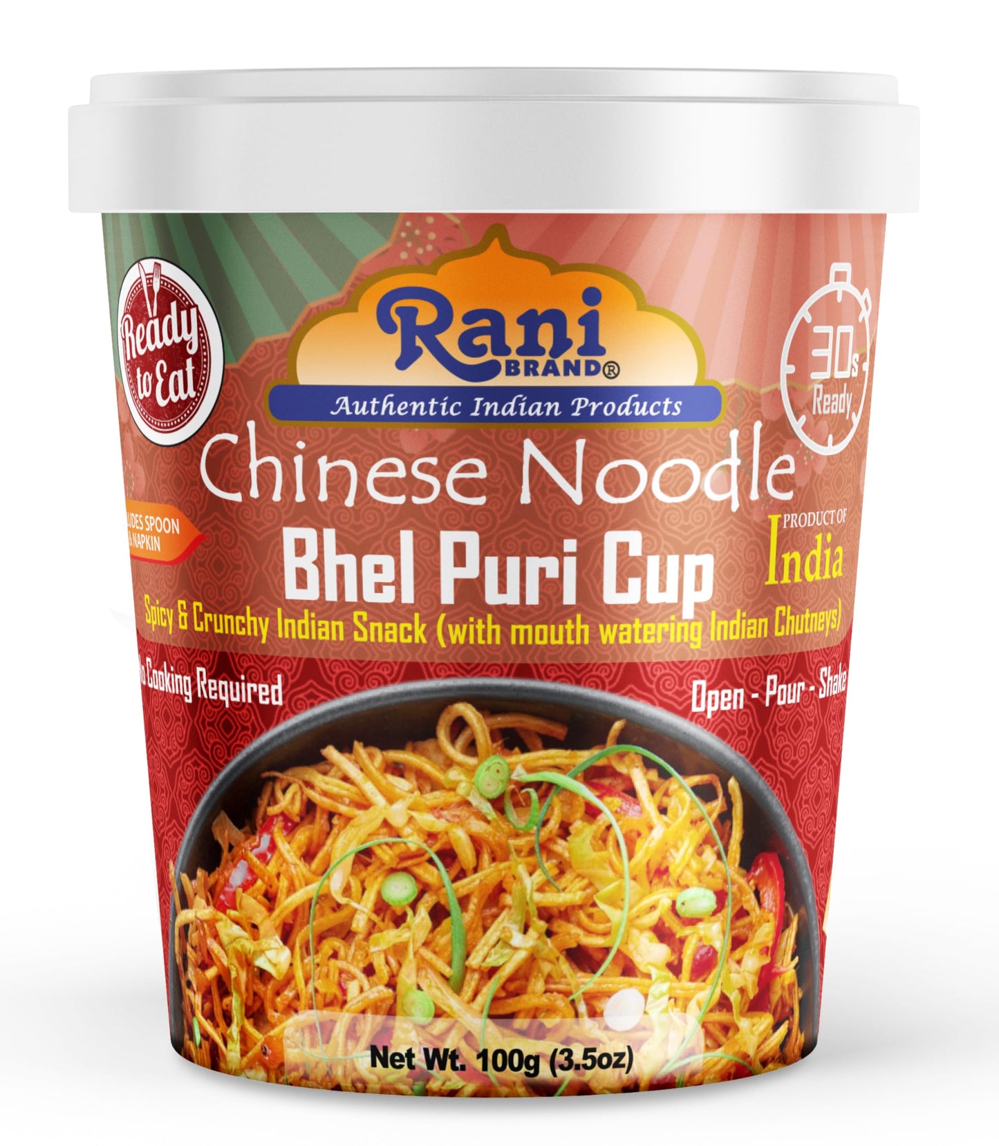 Rani Chinese Noodle Bhel Puri Cup (Spicy & Crunchy Indian Snack w/mouth watering Indian Chutneys) 3.5oz (100g), Pack of 4 ~ Ready to Eat | Vegan | NON-GMO | Indian Origin