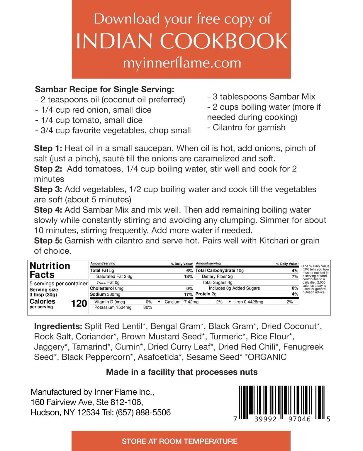 Inner Flame Beyond Sambar Powder By Inner Flame - Sambar Mix- Red Lentil Soup Authentic South Indian Style - Gluten Free - Vegan- NO CHEMICALS - NO PRESERVATIVES