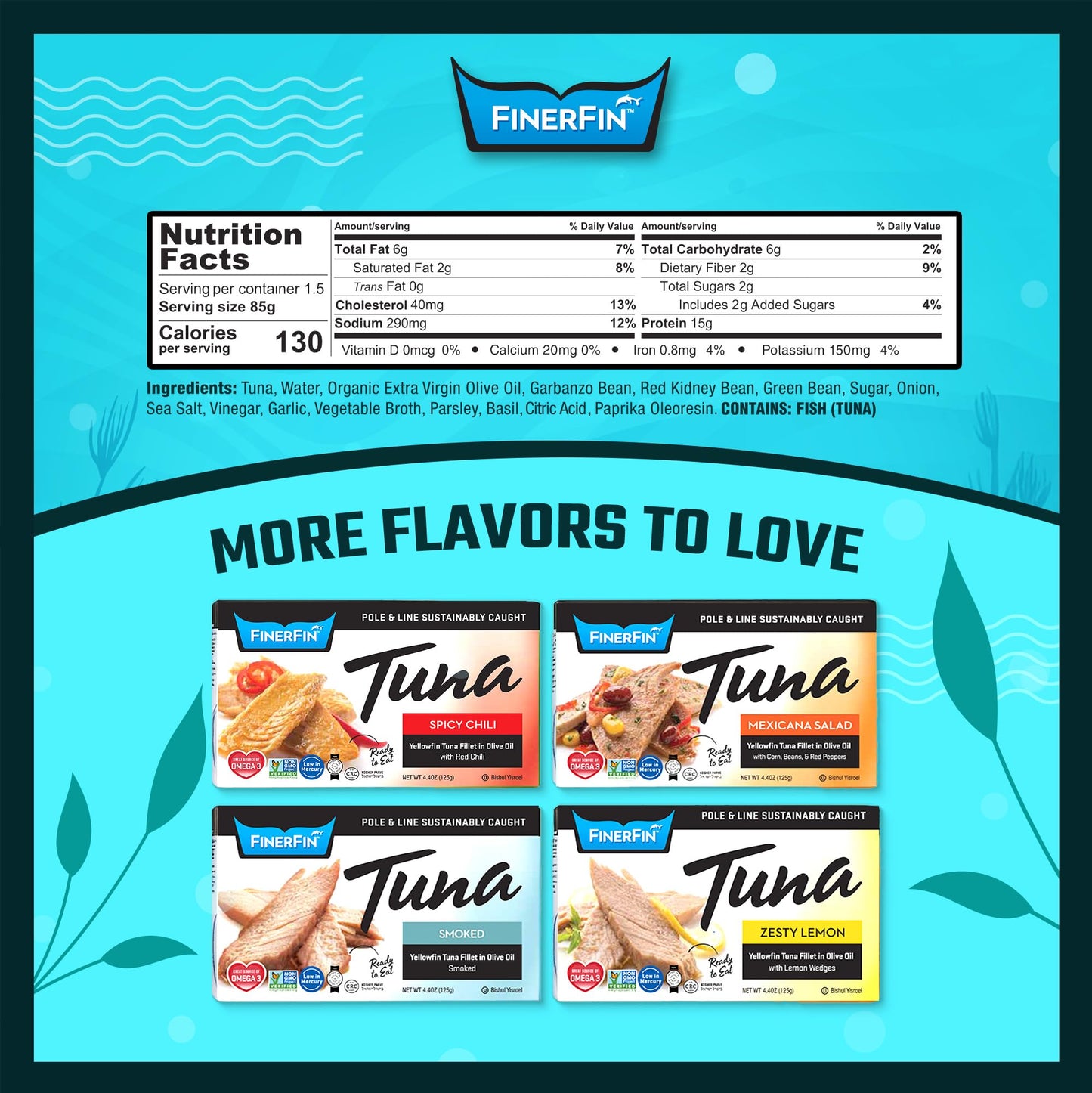 FinerFin Yellowfin Tuna Fillets In Organic Olive Oil – 3 Bean Salad Flavor (4.4oz can - 2 Pack); Premium Canned Fish with EVOO, Gourmet Ready-to-Eat Fillets, Pole & Line Caught