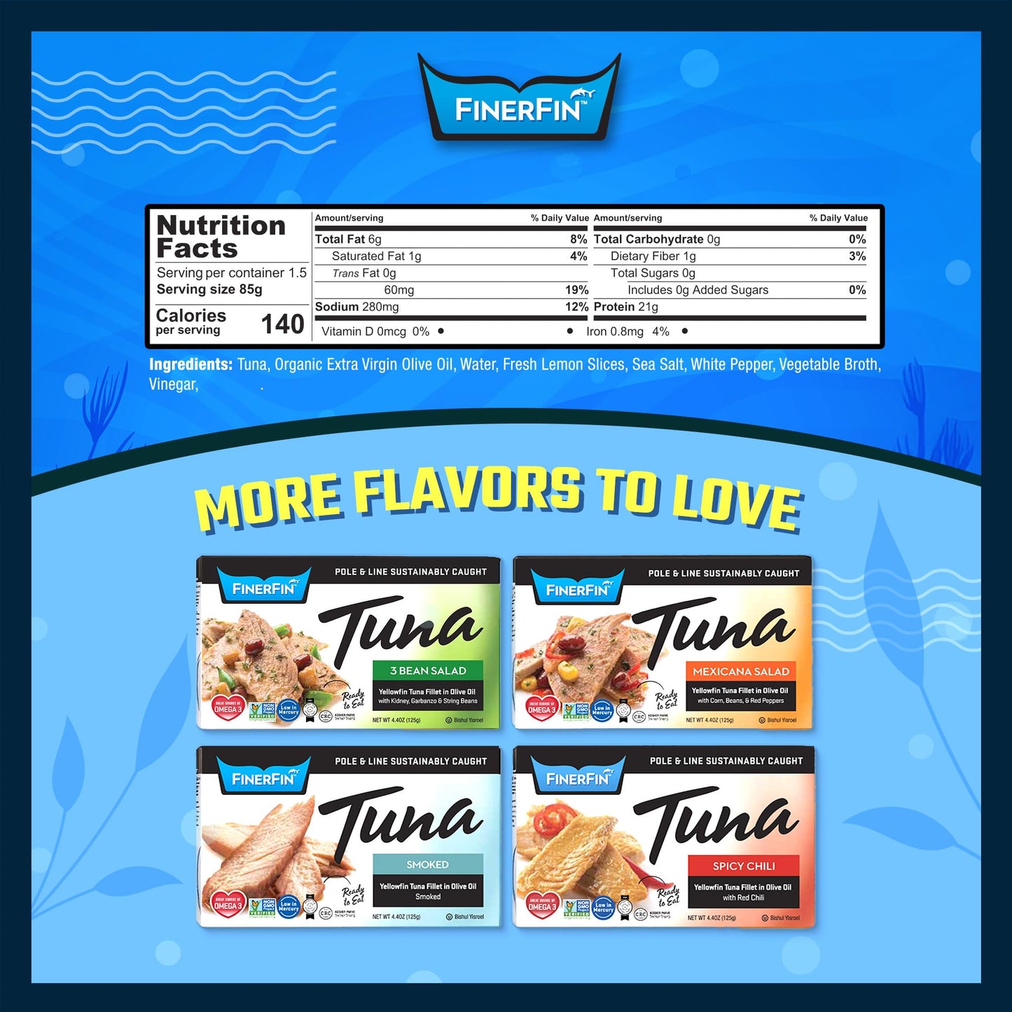 FinerFin Premium Zesty Lemon Yellowfin Tuna Fillets in Organic Extra Virgin Olive Oil, 4.4 oz | Hand Cut | Gourmet Ready-to-Eat Fillets | Gluten Free | Kosher