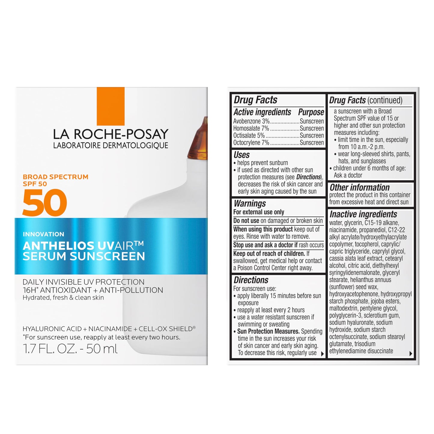 La Roche-Posay Anthelios UVAir™ Sunscreen Serum SPF 50, with Niacinamide, Hyaluronic Acid & Antioxidants, Hydrating, Invisible Finish, Lightweight Sunscreen for Face, Fast-Absorbing, 1.7oz