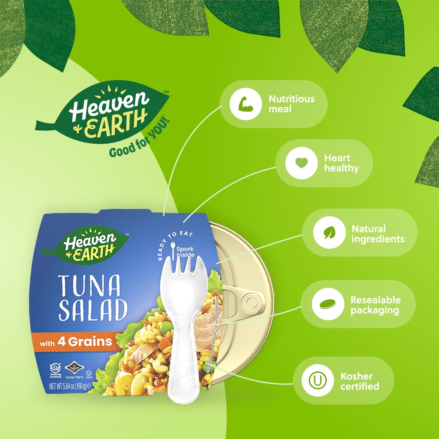 Heaven & Earth Ready to Eat Tuna Salad, Beans & Four Grains, 5.64oz (4 Pack) | Tuna in Olive Oil. Beans, Wheat, Spelt, Oats, Barley & Olives | Nutrition Packed | Travel Friendly Meals | Spork Included | Kosher