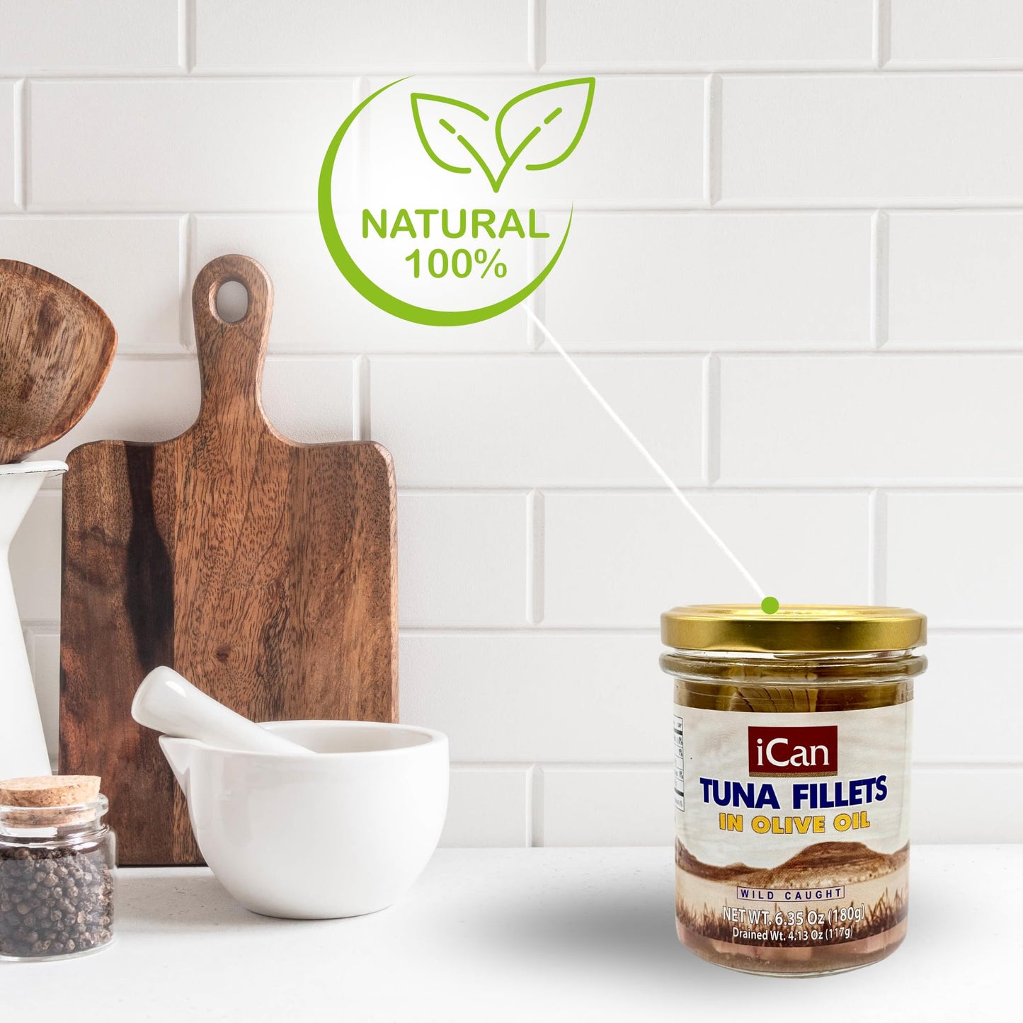 Ican Tuna Fillets in Olive Oil – Wild Caught – Glass Jar – 6.35 oz (180g)