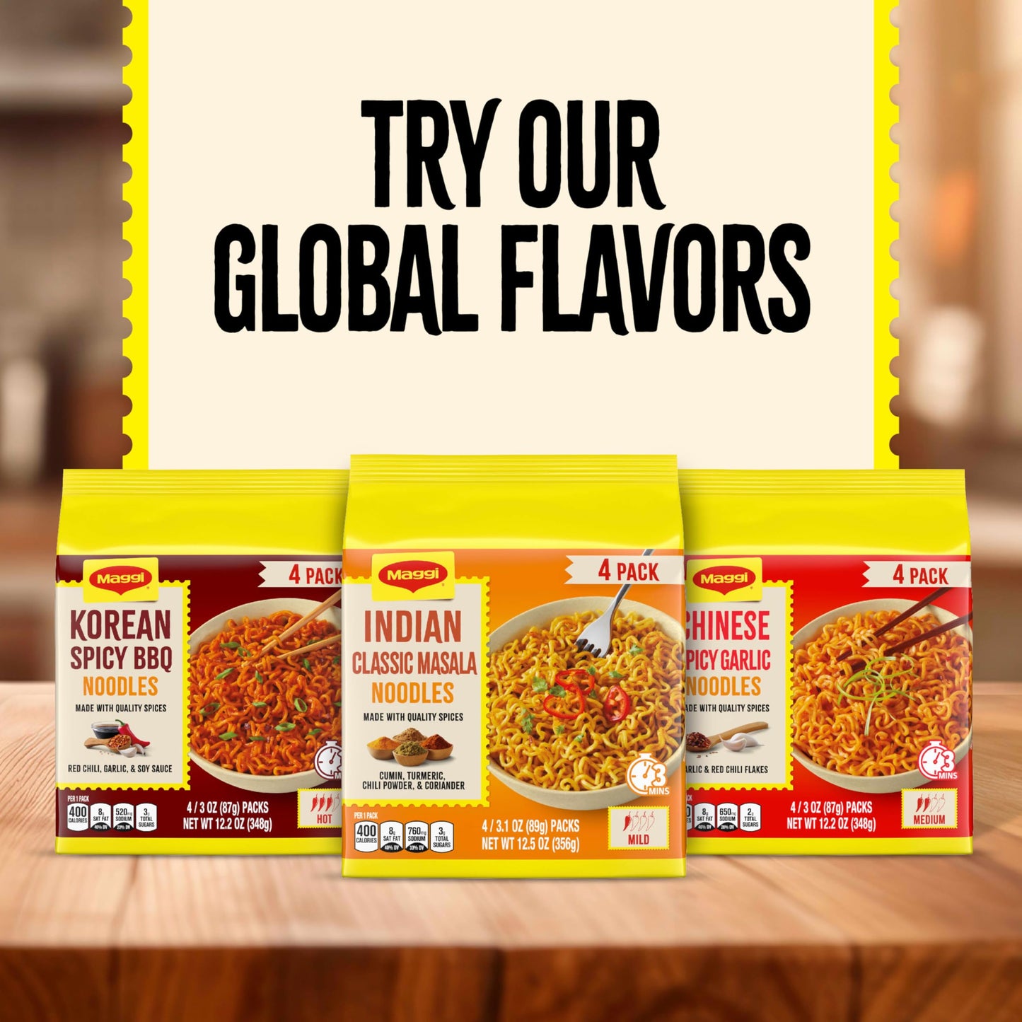 Maggi Classic Indian Masala Noodles, 3 min Indian Noodles, Mildly Spicy, Vegetarian, Halal, Kosher, 4 Pack
