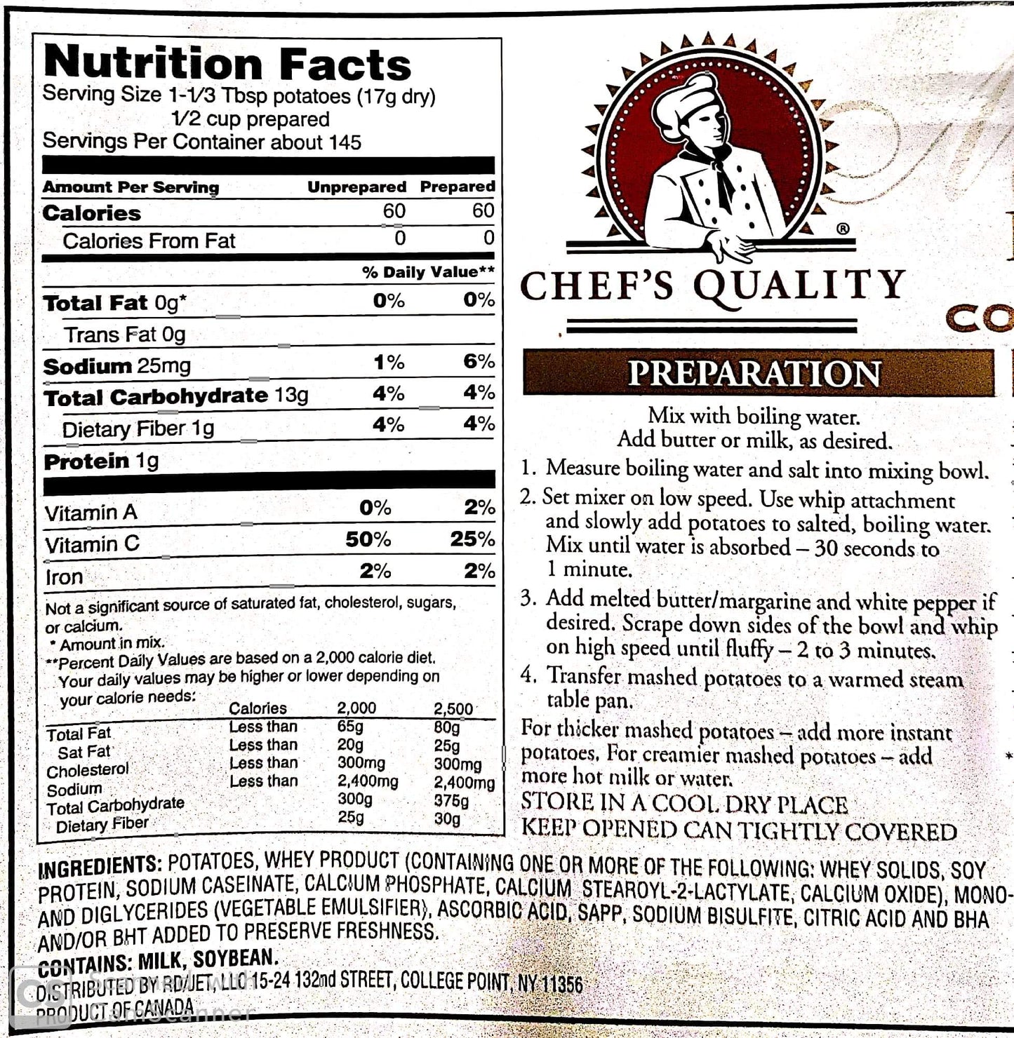 Chef's Quality: Mashed Potatoes Complete Instant 5.43 Lb.