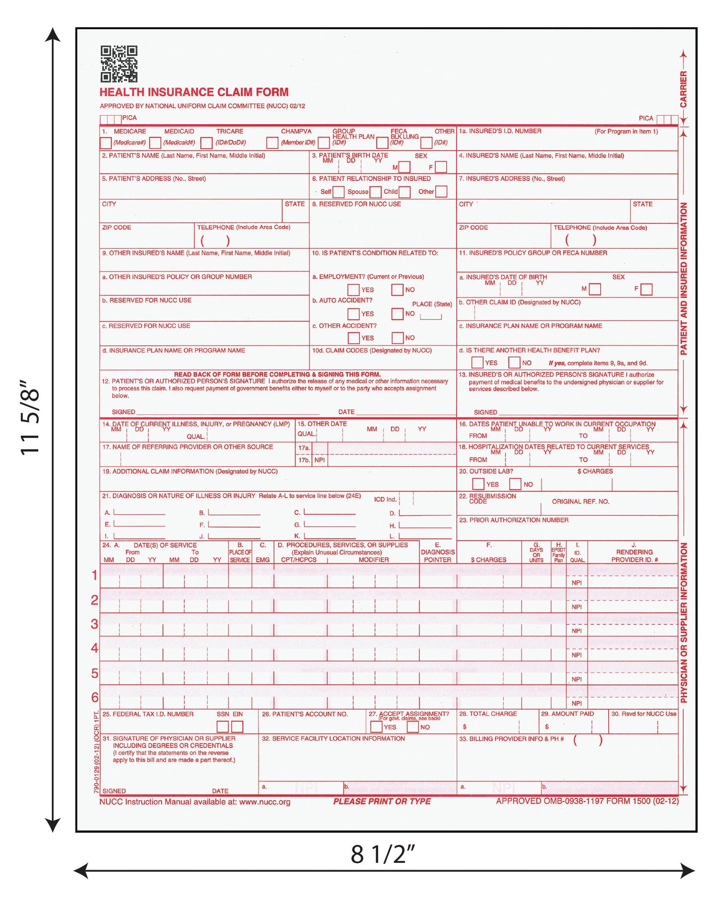 Tabbies Health Insurance Claim Forms, Approved by National Uniform Claim Committee (NUCC), HCFA/CMS 1500, 8-1/2" x 11", 500 Sheets/Pack