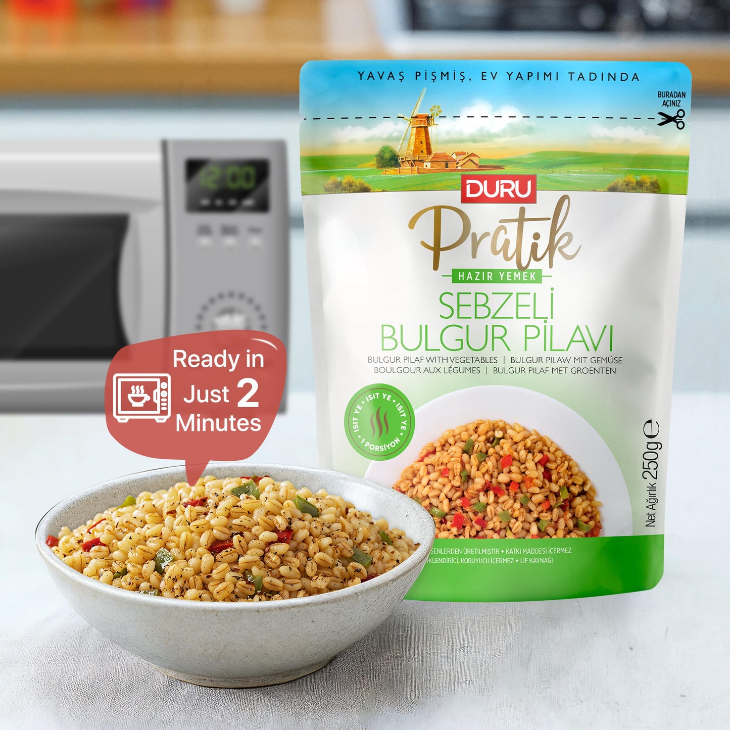 Duru Ready Bulgur Pilaf with Vegetables, 250g x 4 Pack – Heat & Eat, 100% Natural, Non-GMO, BPA Free, No Trans Fat, No Preservatives