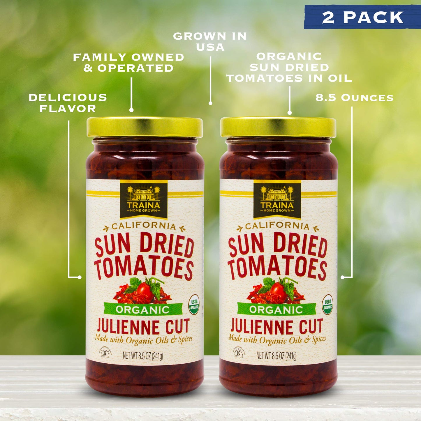 Traina Home Grown California Organic Sun Dried Tomatoes in Oil – Julienne Cut, Marinated with Italian Herbs & Olive Oil – California Grown – 2 Jars (8.5 oz Each)