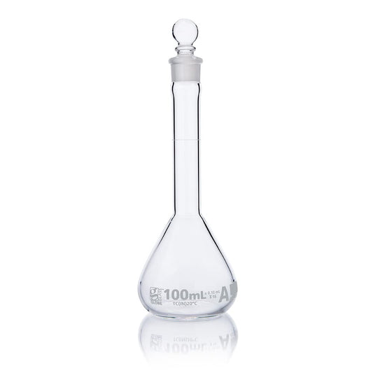 Volumetric Flask, Wide Mouth, Globe Glass, 100mL, Class A, to Contain (TC), 3.3 Borosilicate Glass, ASTM E288, 6/Box