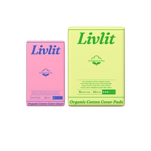 Livlit Organic Cotton Sanitary Pad Bundle – Long Liners 40pcs + Regular Pads 36pcs, Chlorine Free, Unscented, Ultra Absorbent Period Care