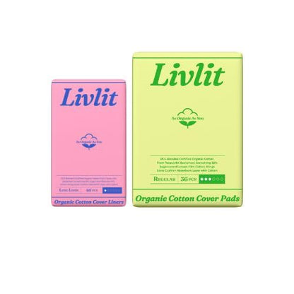 Livlit Organic Cotton Sanitary Pad Bundle – Long Liners 40pcs + Regular Pads 36pcs, Chlorine Free, Unscented, Ultra Absorbent Period Care