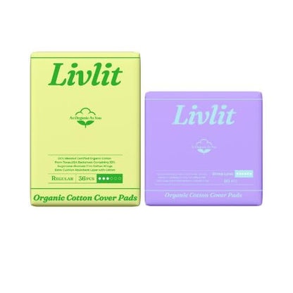 Livlit Organic Cotton Sanitary Pad Bundle – Regular Pads 36pcs + Super Long Pads 10pcs, Chlorine Free, Unscented, Ultra Absorbent Period Care