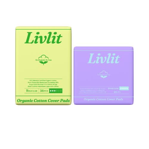 Livlit Organic Cotton Sanitary Pad Bundle – Regular Pads 36pcs + Super Long Pads 10pcs, Chlorine Free, Unscented, Ultra Absorbent Period Care