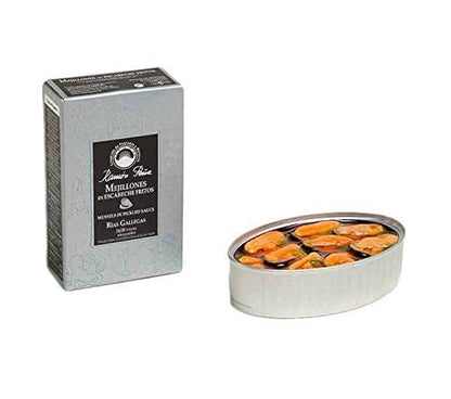 Ramon Pena Canned Mussels in Pickled Sauce | 16/20 Mussels Per Tin | Ramon Pena Silver Line Tin | 1 x 110g Can