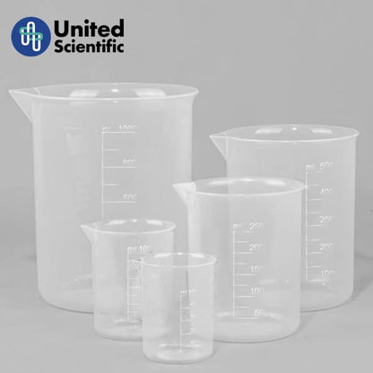 United Scientific™ BP0250 Plastic Beaker, 250mL (8oz) - Polypropylene Plastic - Molded Graduations, Tapered Spout - Pack of 6