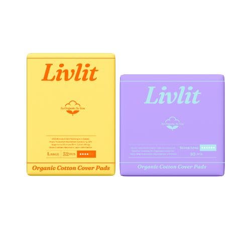 Livlit Organic Cotton Sanitary Pad Bundle – Large Pads 32pcs + Super Long Pads 10pcs, Chlorine Free, Unscented, Ultra Absorbent Period Care