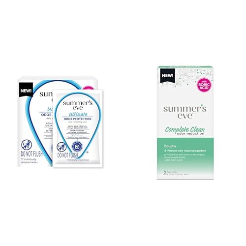 Summer's Eve, Ultimate Odor Control, Daily Feminine Wipes with Boric Acid, 12 ct + Summer's Eve Feminine Douche, Complete Clean Odor Reduction with Boric Acid Complex, 2 Units, 4.5 oz Each