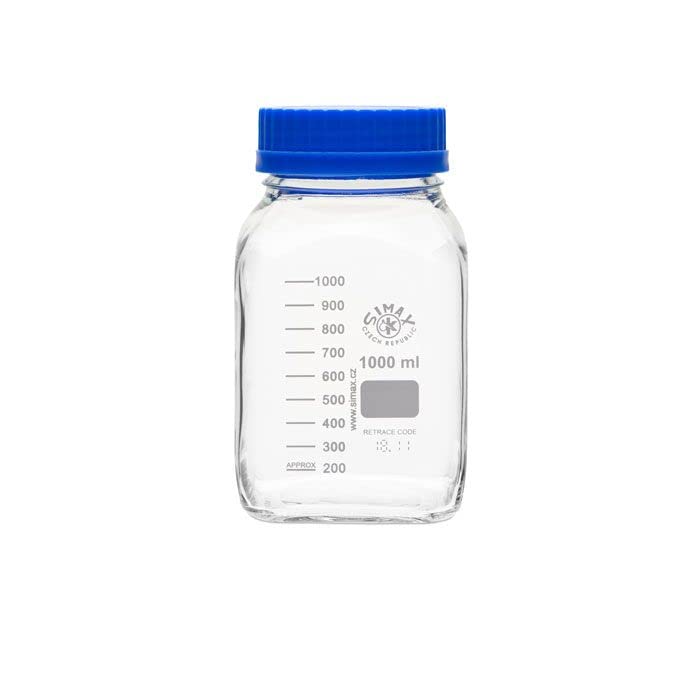 United Scientific™ SIMAX BSWM1000 GL80 Media/Storage Bottles, Wide Mouth, Square, 3.3 Borosilicate Glass, 1000mL (1L), 1 Each
