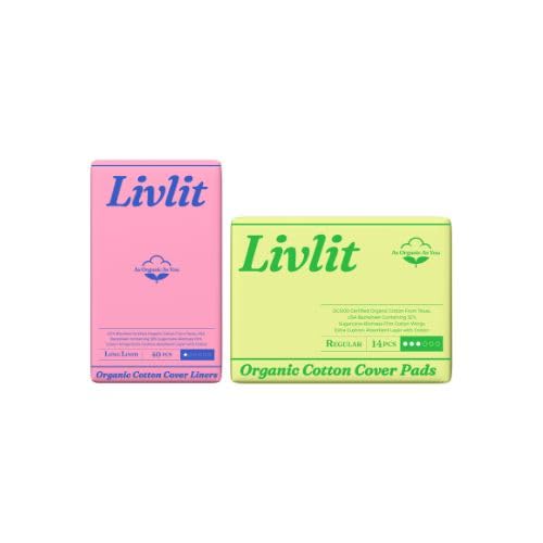 Livlit Organic Cotton Sanitary Pad Bundle – Long Liners 40pcs + Regular Pads 14pcs, Chlorine Free, Unscented, Ultra Absorbent Period Care