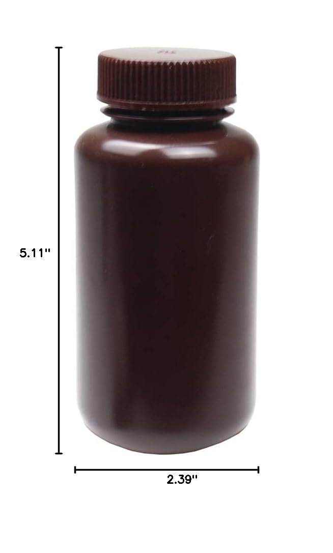 United Scientific® - Sample Containers with Lids - Amber HDPE Wide Mouth Reagent Bottle - Chemical Container - 8 oz Bottles (250mL) Multi-Purpose Plastic Bottles with Lids, Pack of 12