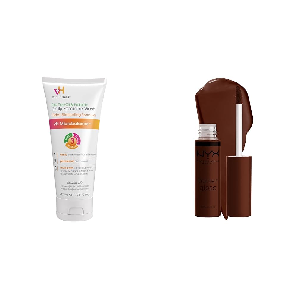vH essentials Tea Tree Oil & Prebiotic Daily Feminine Wash, 6 Fl Oz & NYX Butter Gloss Brown Sugar in Lava Cake