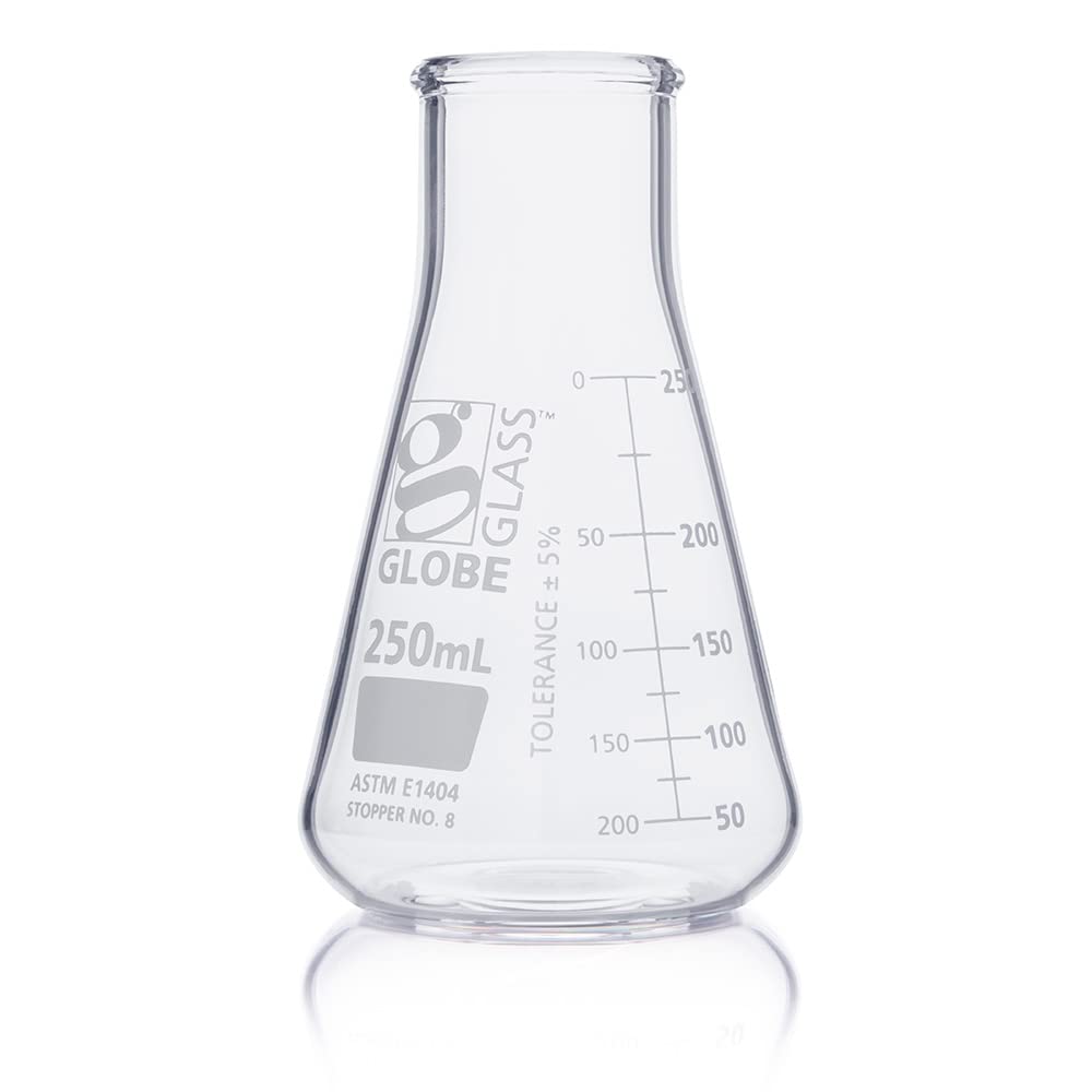 Erlenmeyer Flask, Globe Glass, 250mL, Wide Mouth, Dual Graduations, 3.3 Borosilicate Glass, ASTM E1404, 12/Box